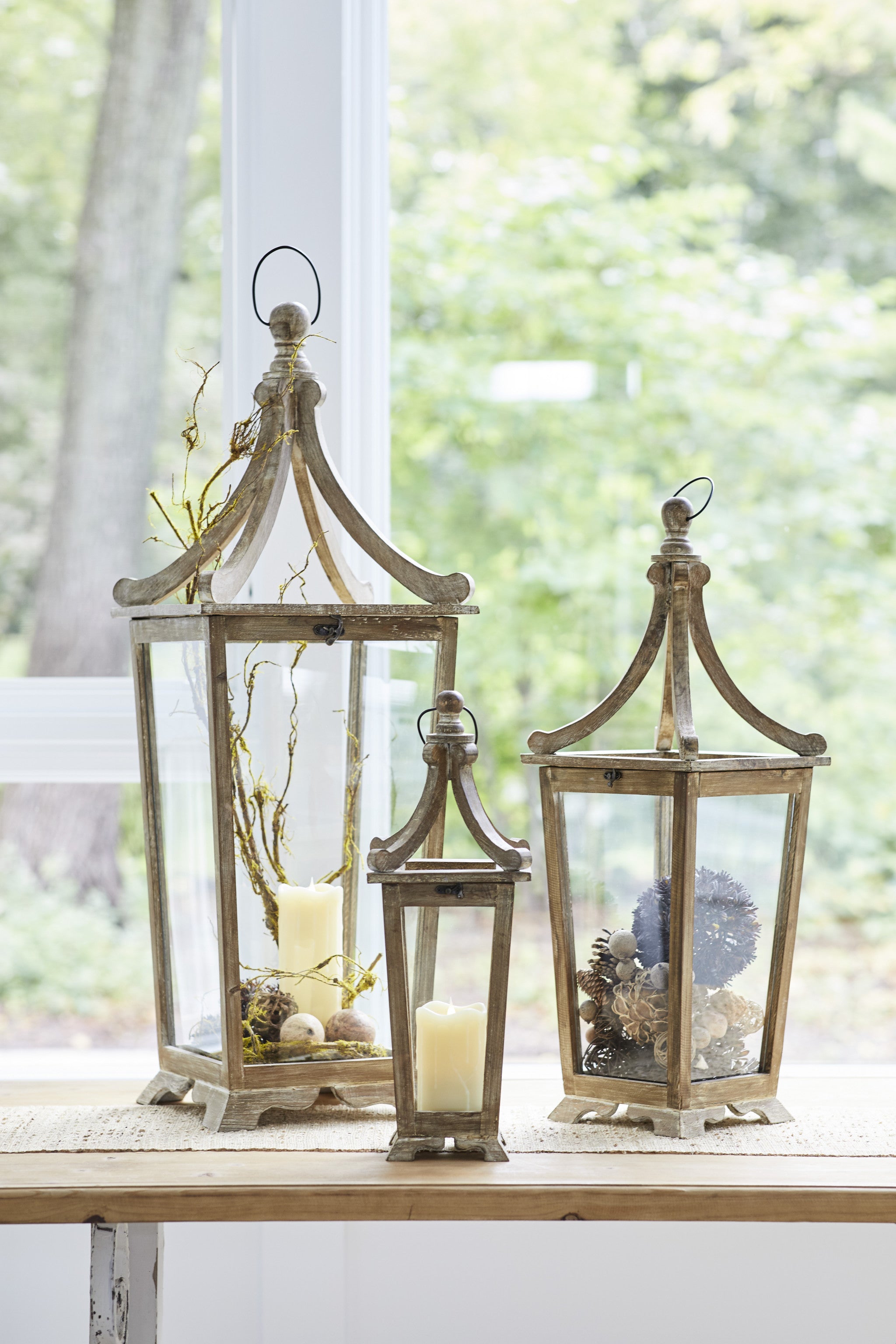 Set Of Three Brown Flameless Floor Lantern Candle Holder-3