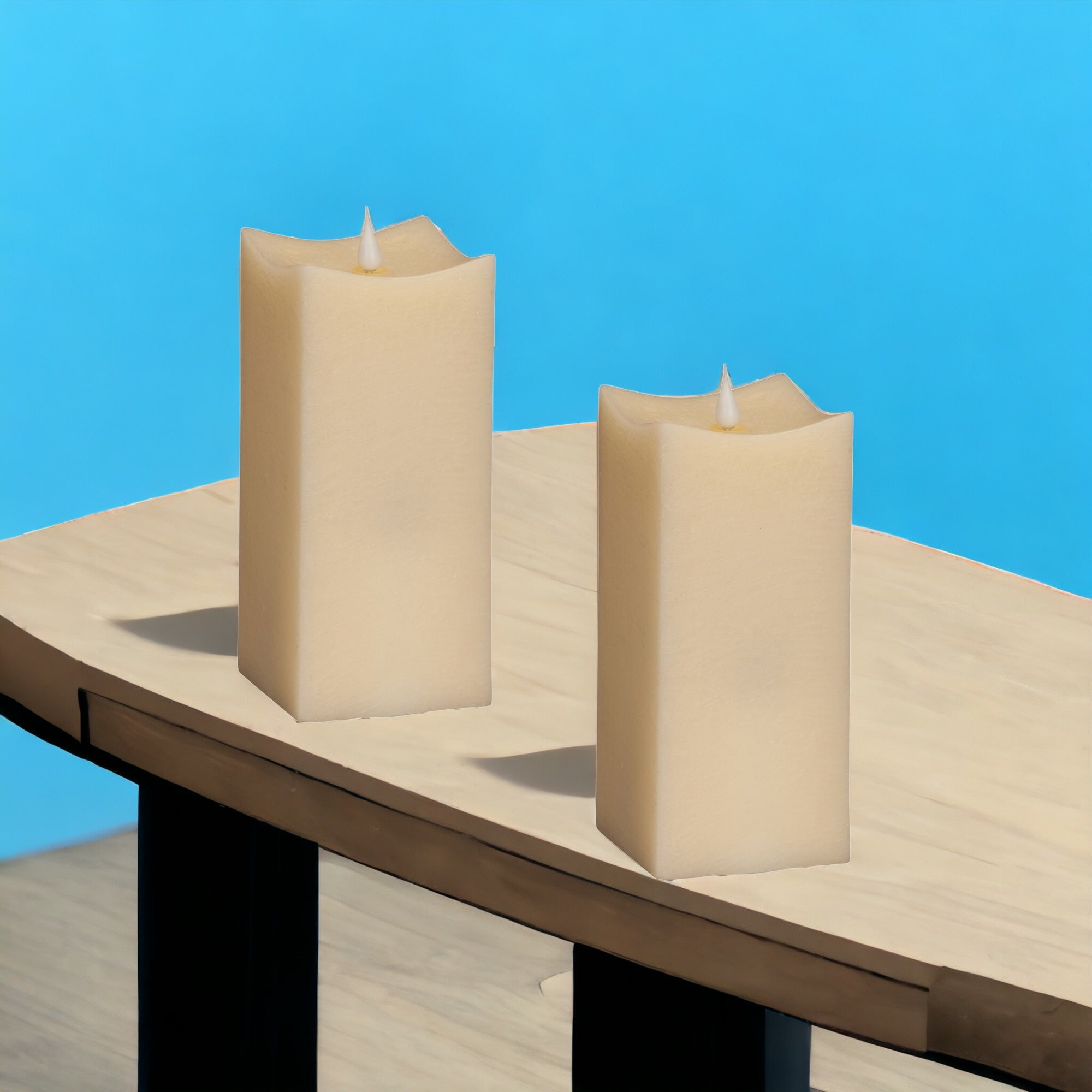 Set of Two Beige Square Flameless Pillar Candles-1