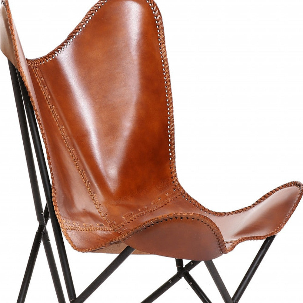 32" Brown And Black Genuine Leather Butterfly Chair-3