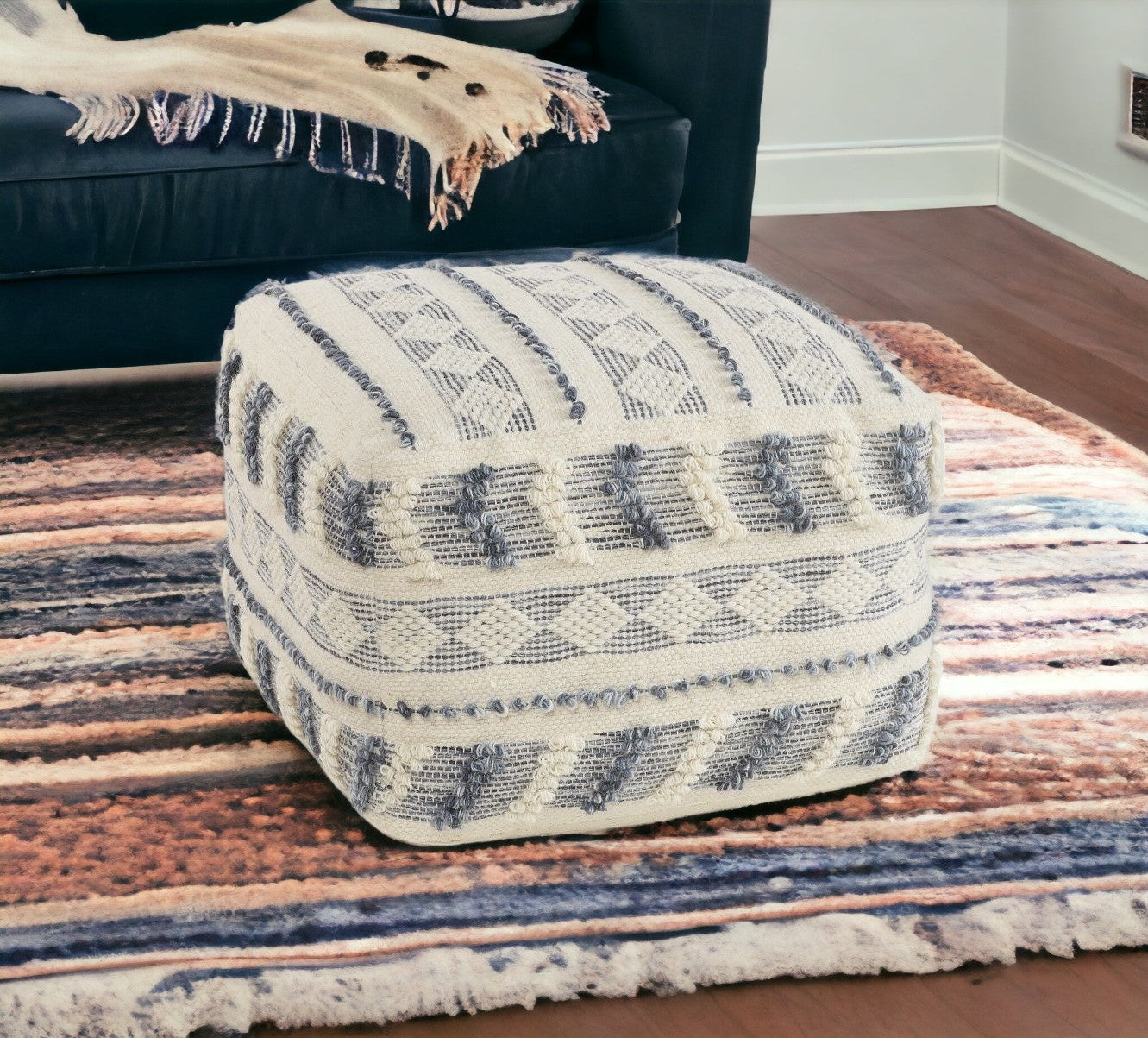 18" Blue Wool Ottoman-3