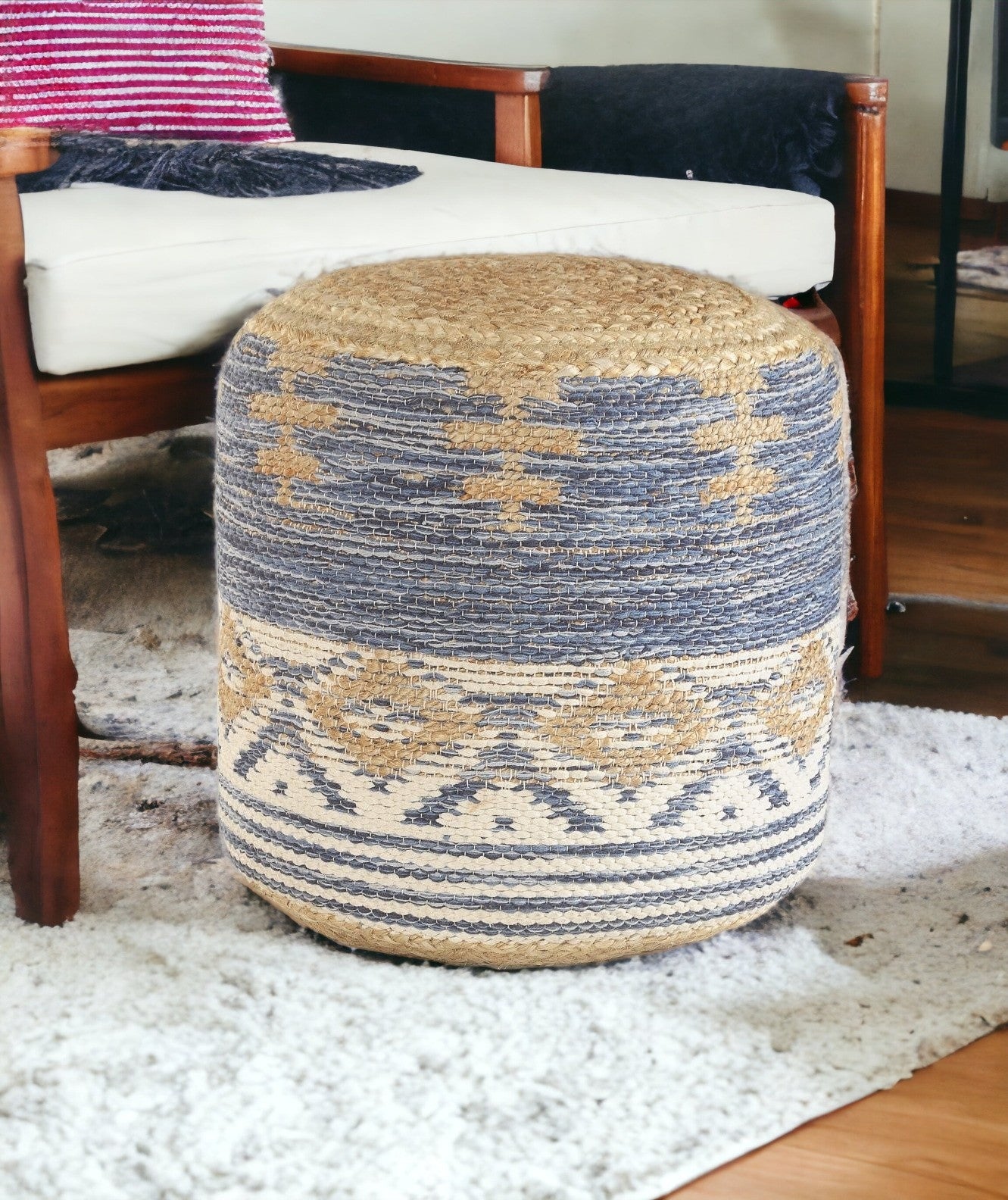 18" Blue Jute Ottoman-3