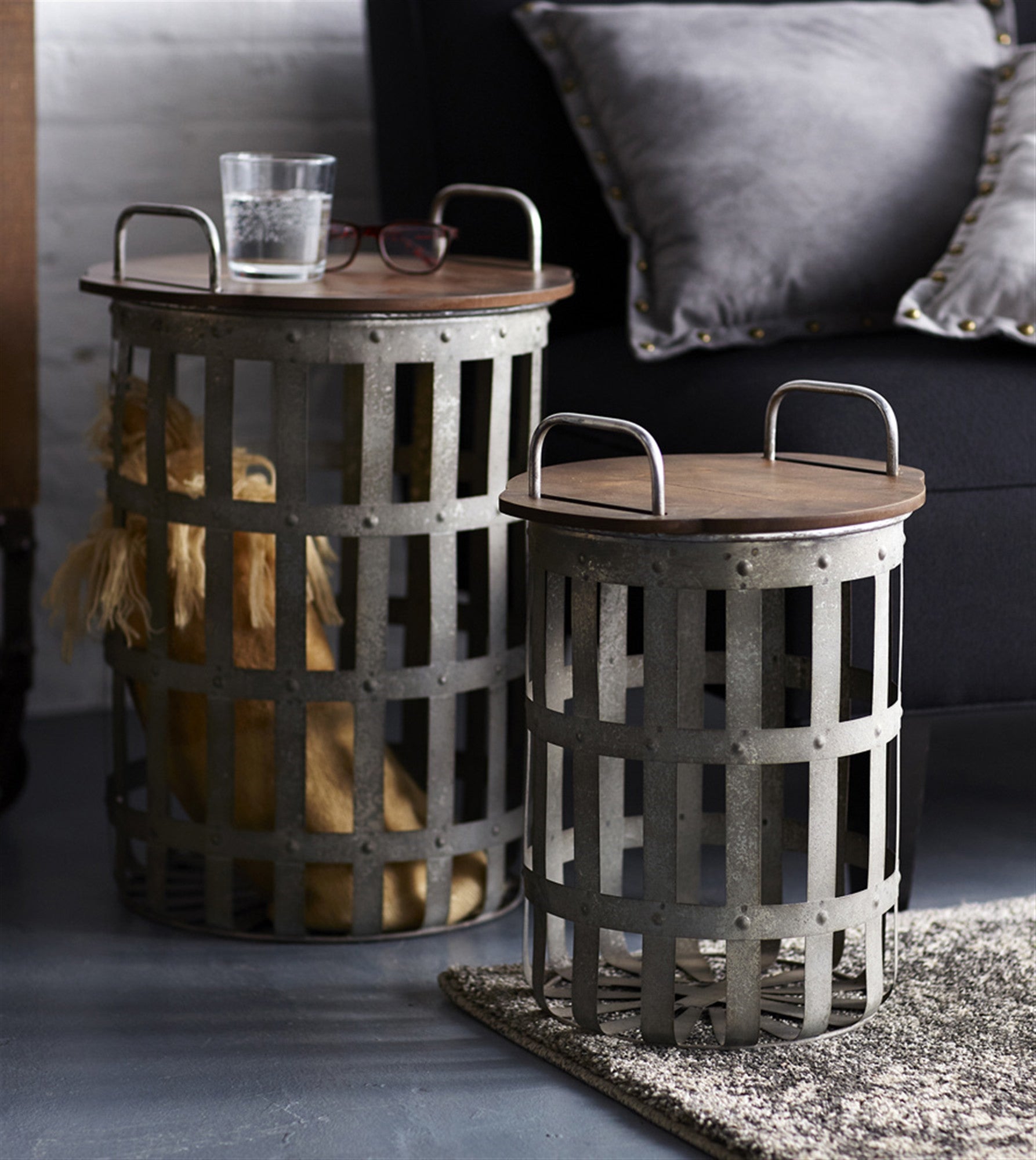 Set of Two 16" Grey And Brown Round End Tables-6