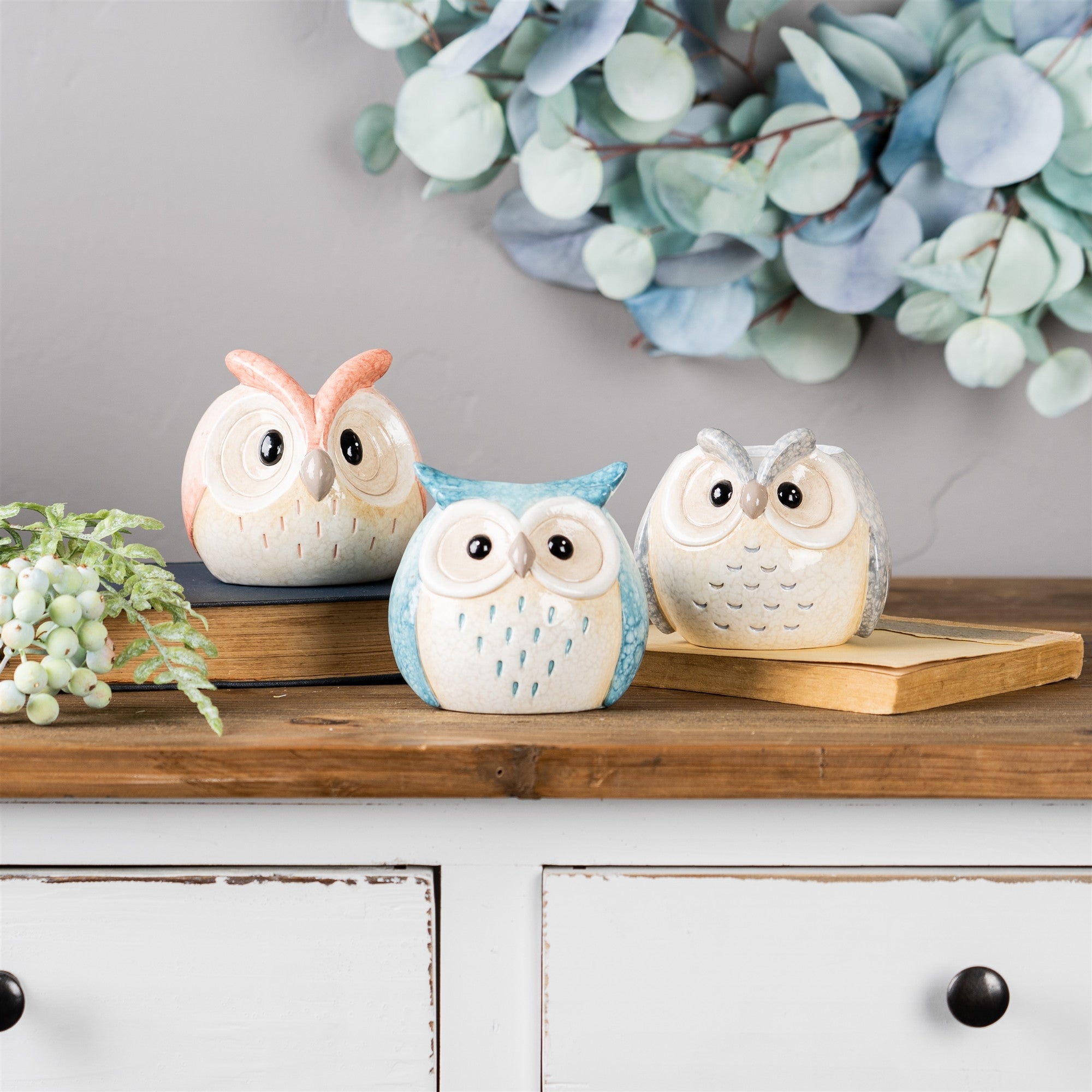 Set Of Three 4" Blue and Gray Resin Owl Figurine-5