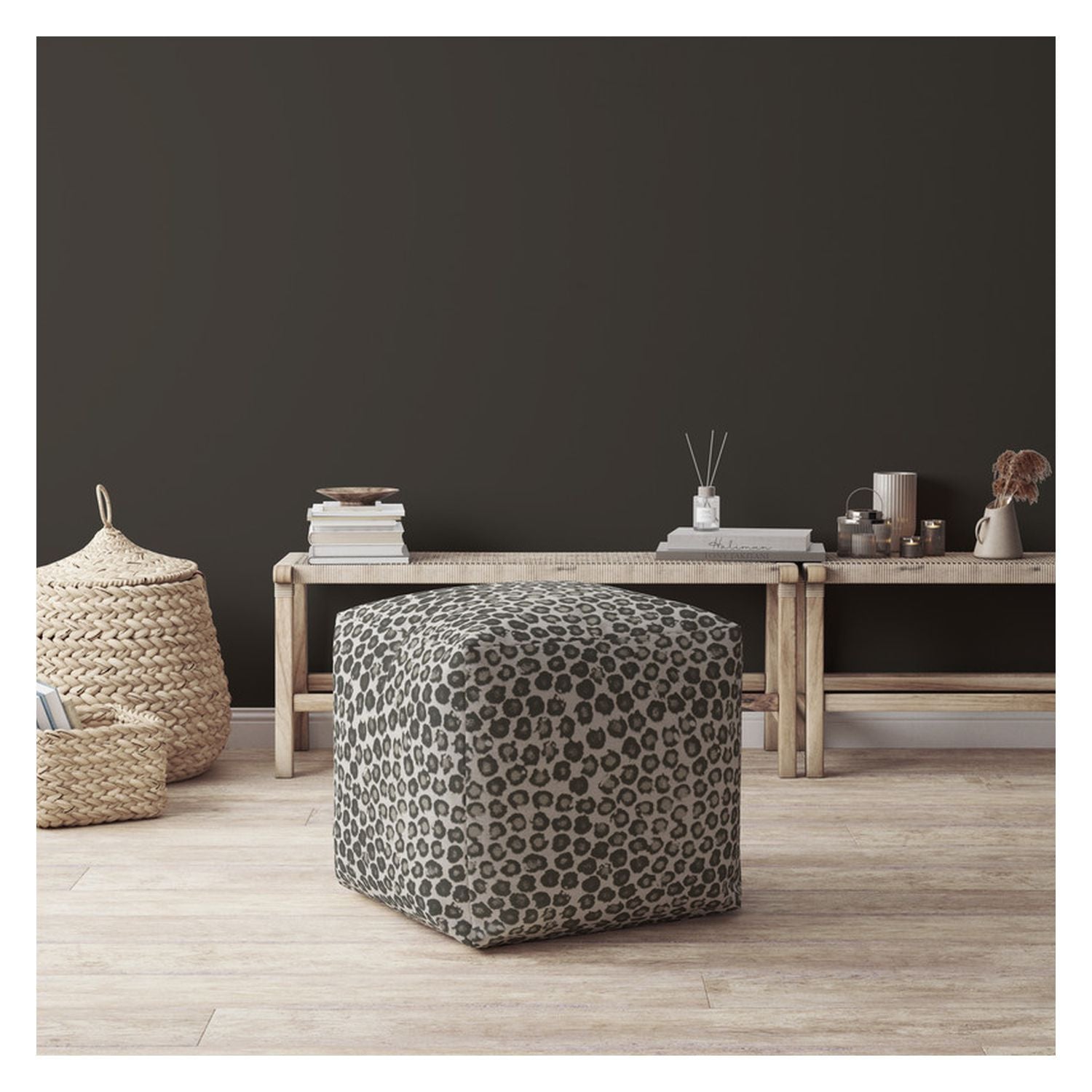 17" Beige Cotton Floral Pouf Ottoman-3