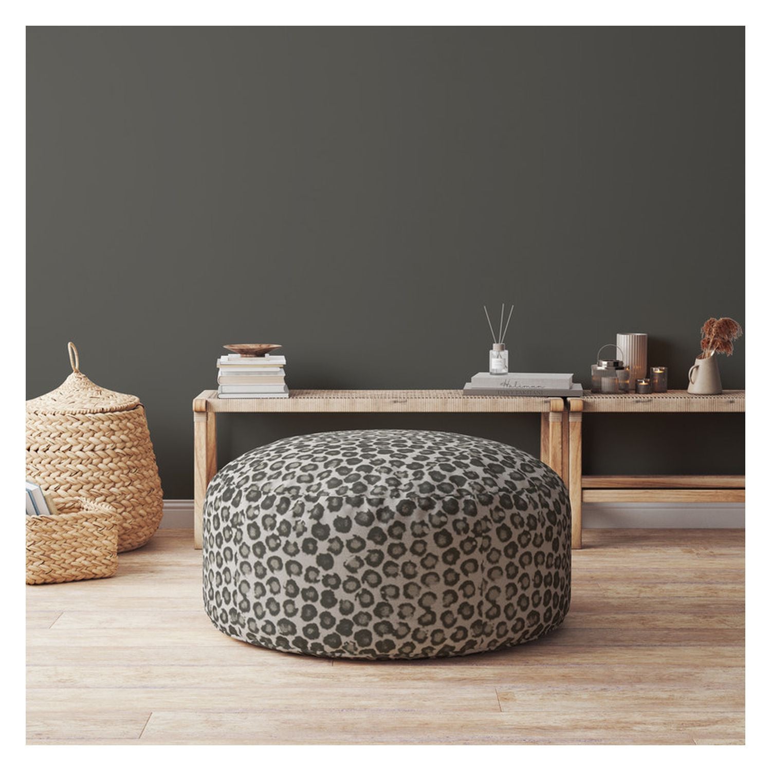 24" Beige Cotton Round Floral Pouf Ottoman-2