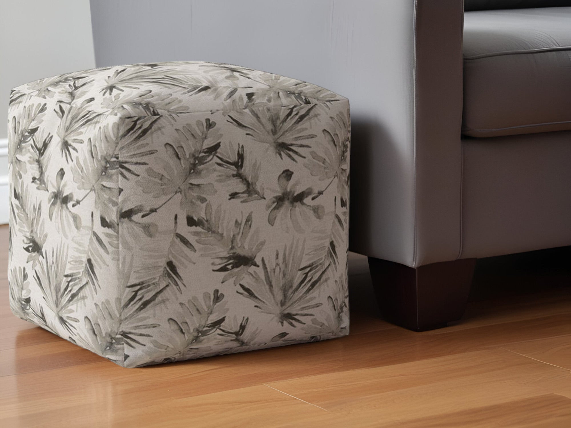 17" Beige Cotton Floral Pouf Ottoman-0