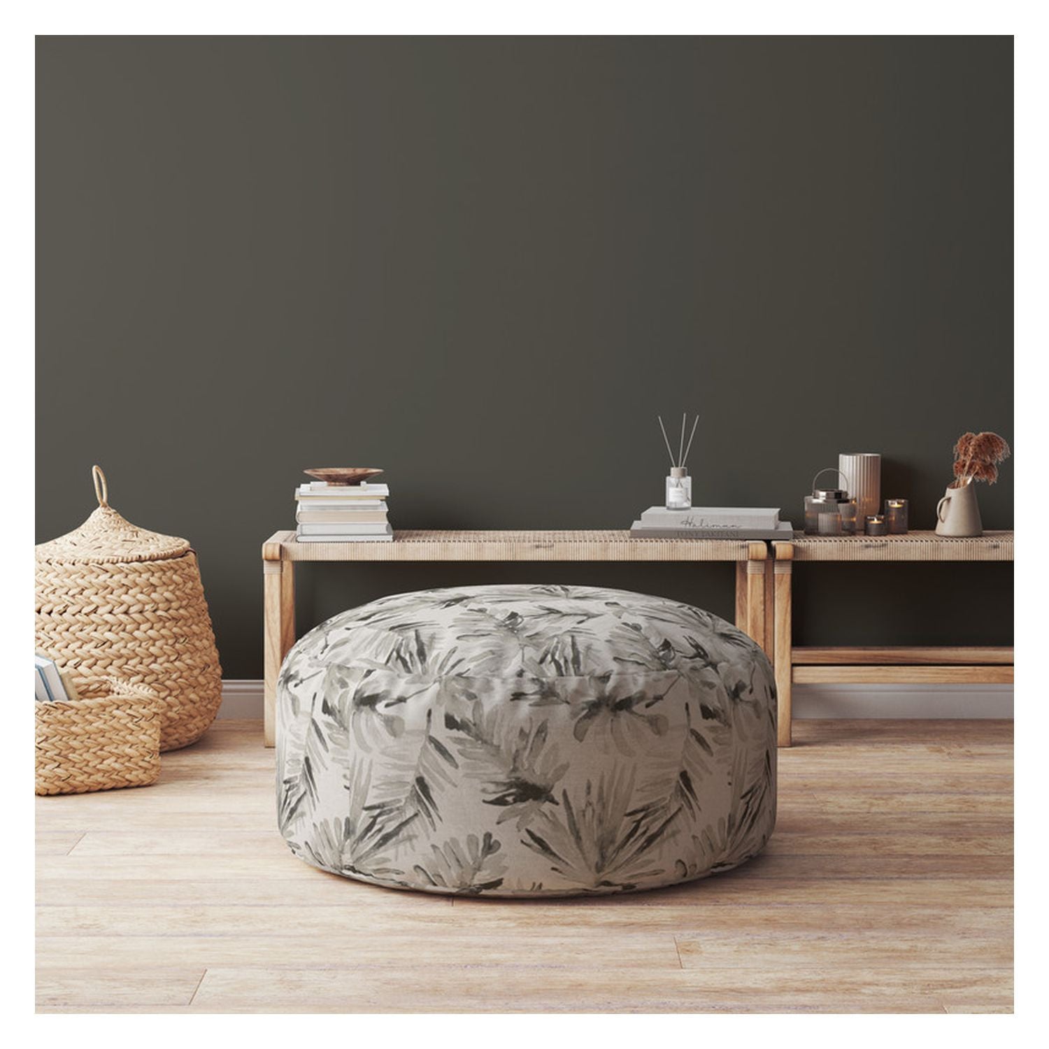 24" Beige Cotton Round Floral Pouf Ottoman-2