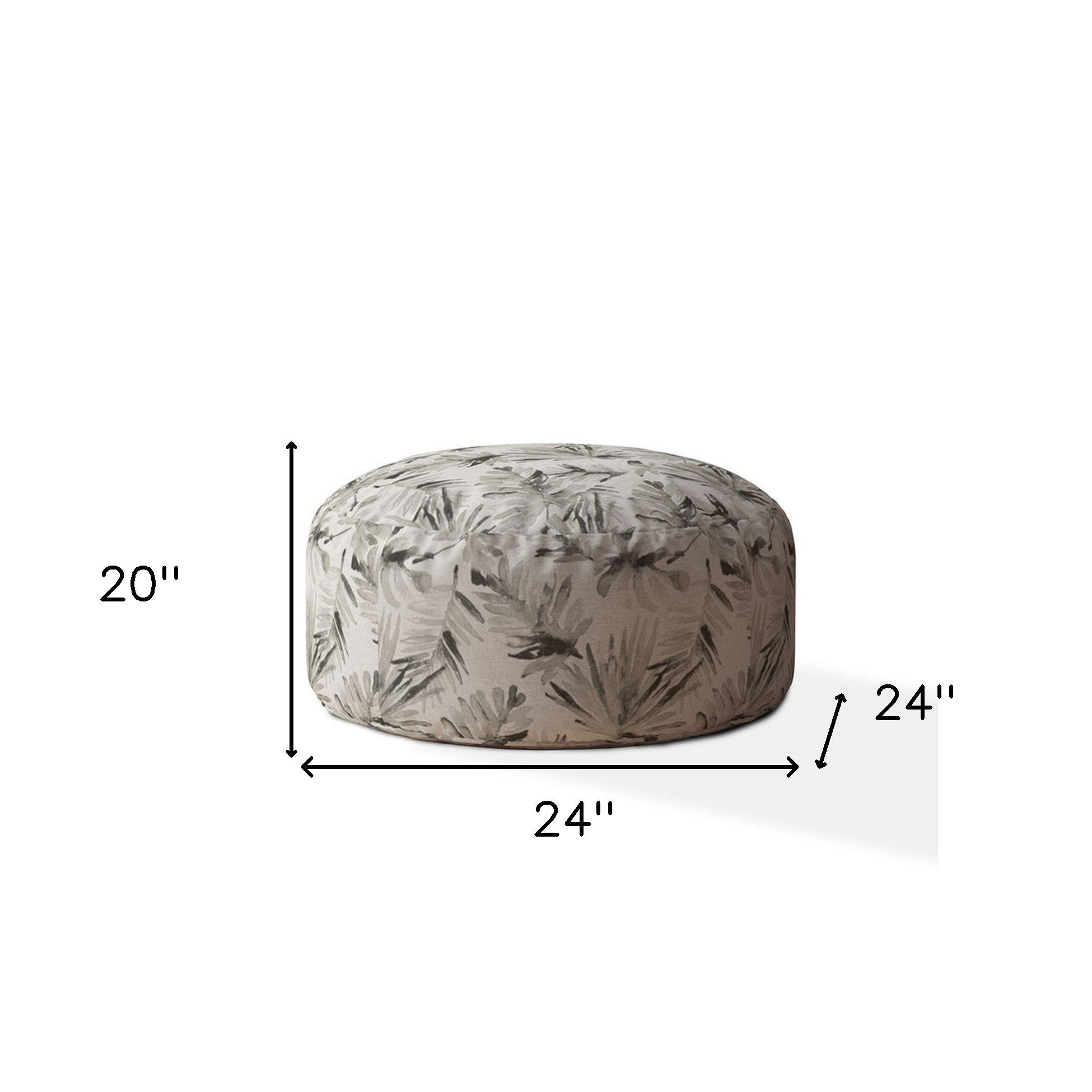 24" Beige Cotton Round Floral Pouf Ottoman-3