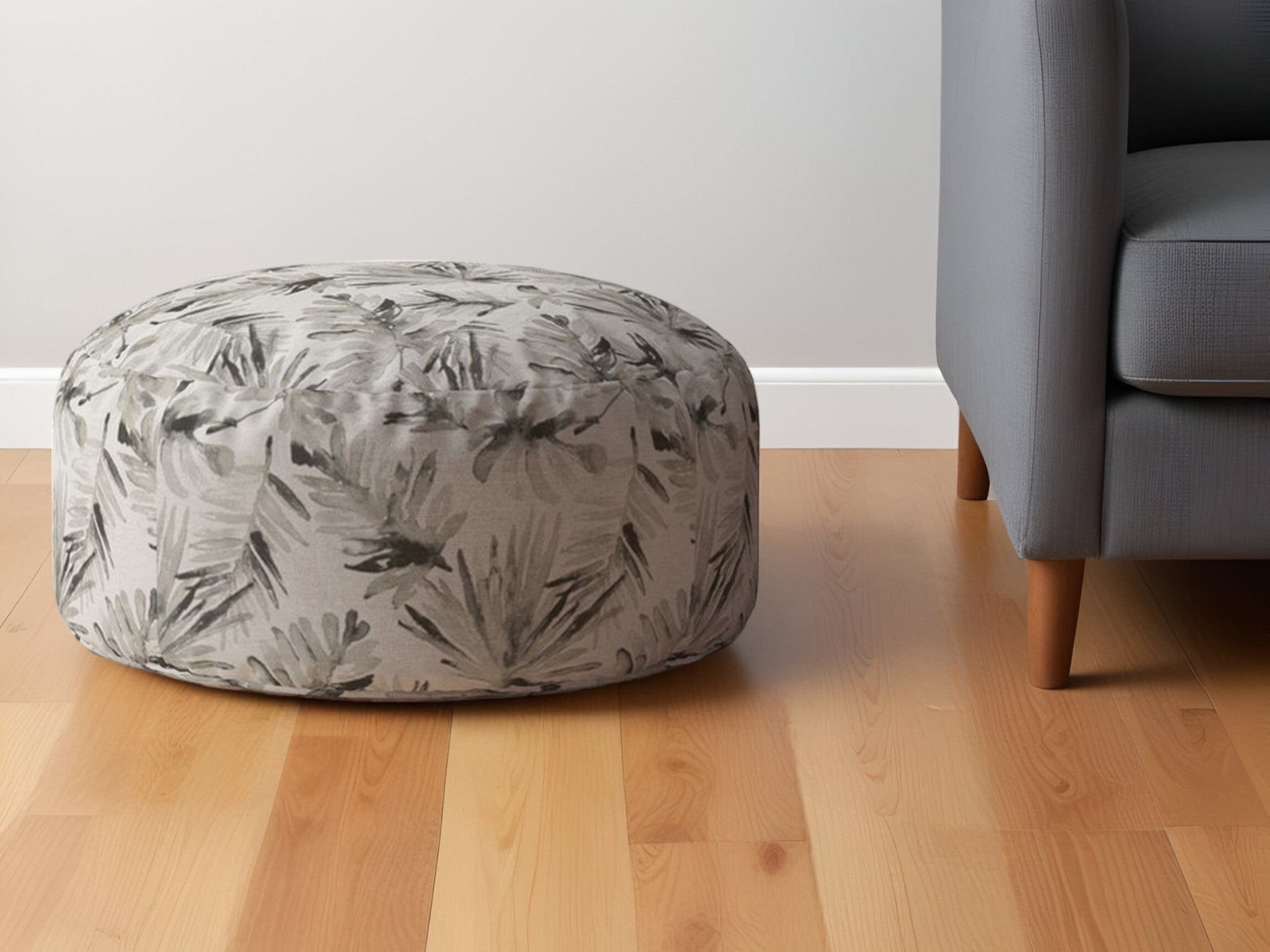 24" Beige Cotton Round Floral Pouf Ottoman-0