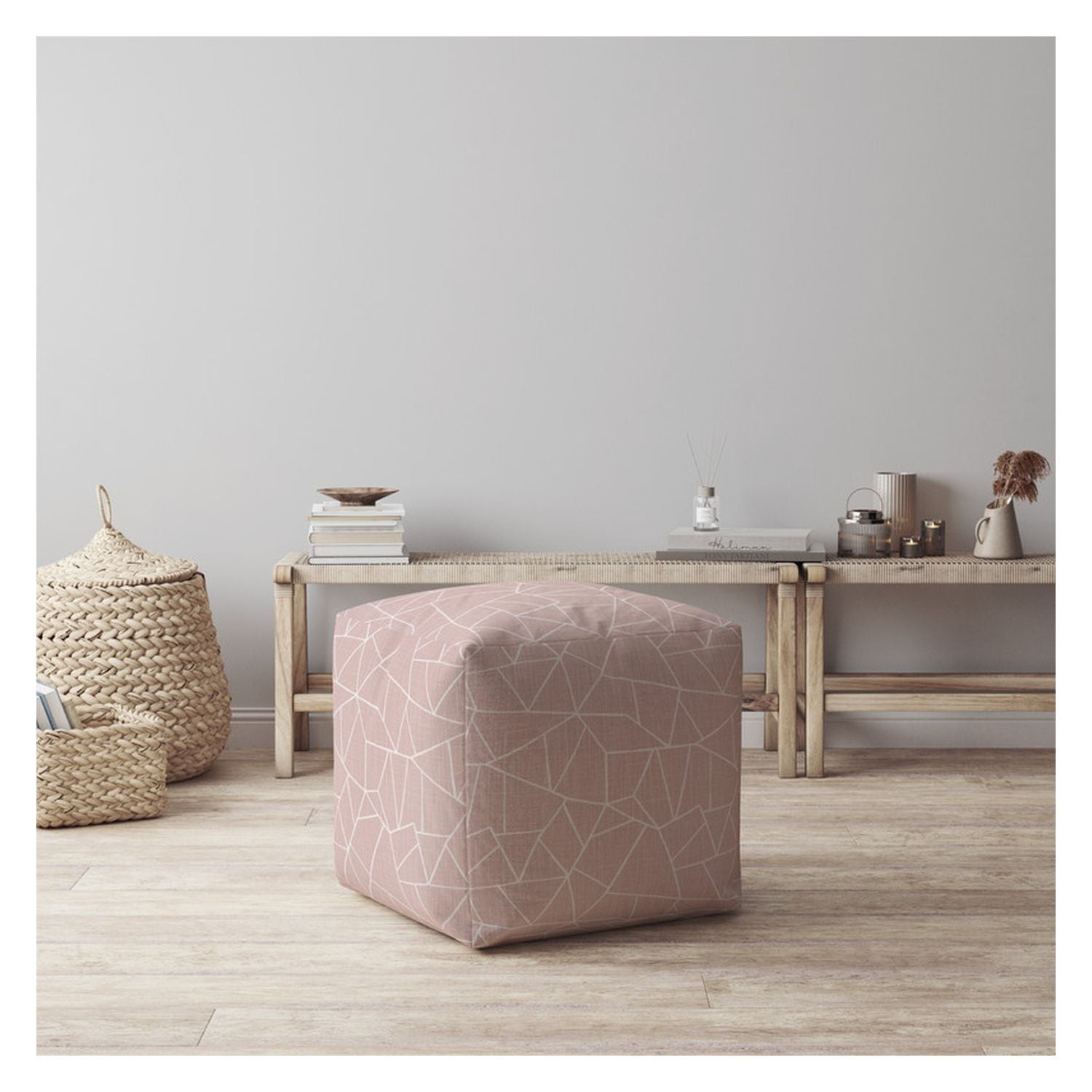 17" Pink Canvas Geometric Pouf Ottoman-3