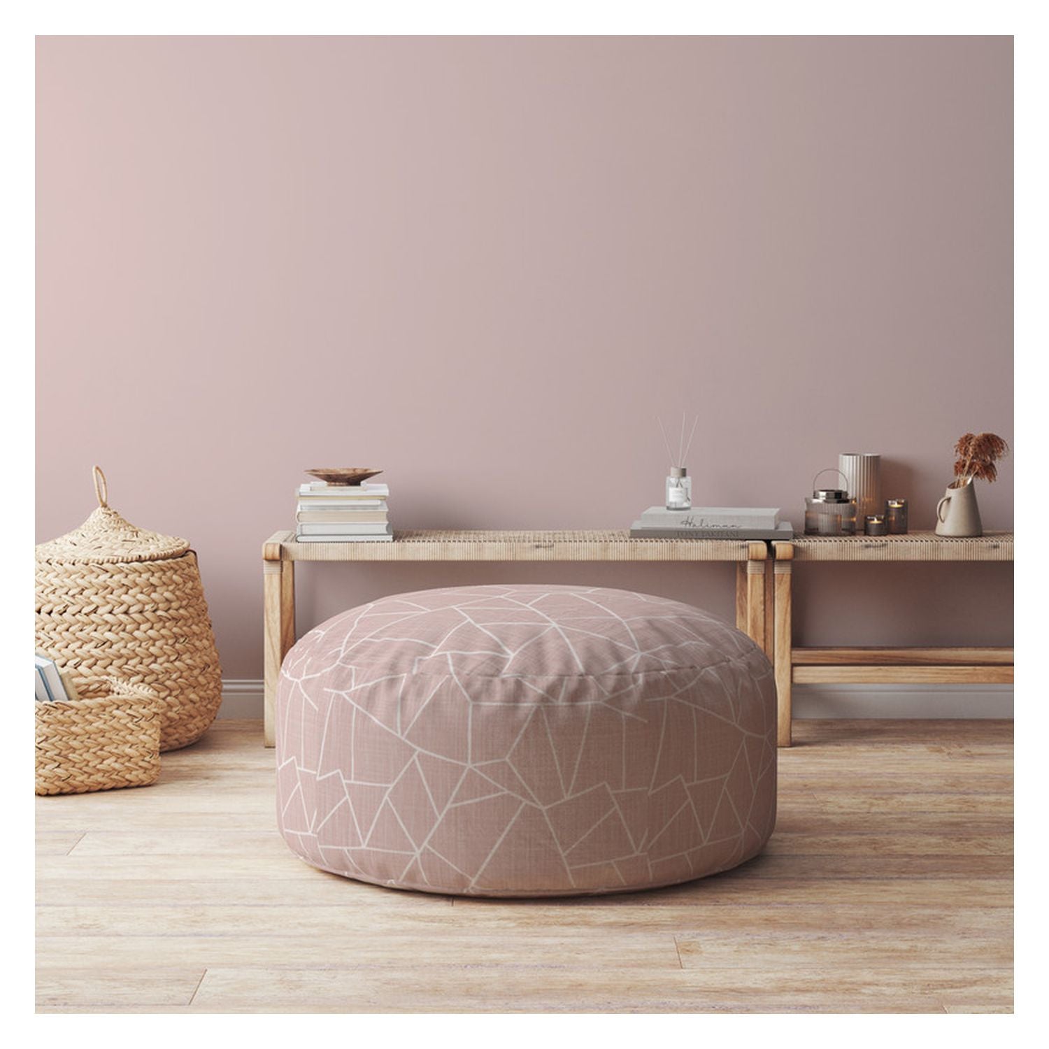 24" Pink Canvas Round Geometric Pouf Ottoman-2