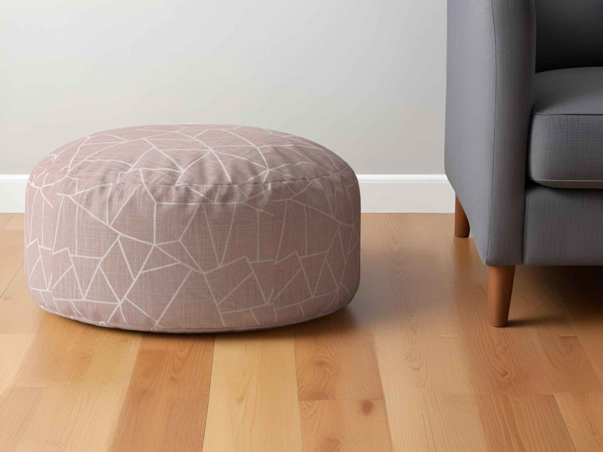 24" Pink Canvas Round Geometric Pouf Ottoman-0