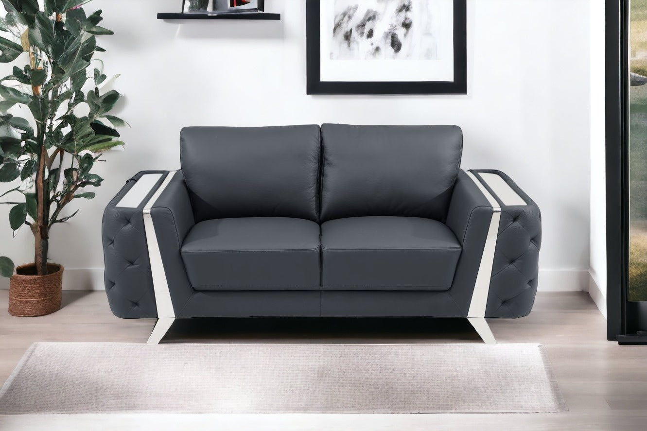 72" Dark Gray And Silver Genuine Leather Loveseat-1