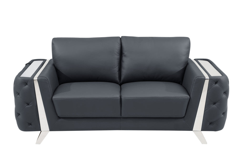 72" Dark Gray And Silver Genuine Leather Loveseat-0