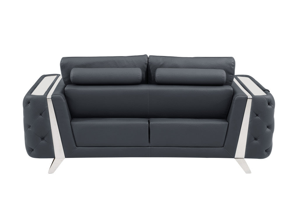 72" Dark Gray And Silver Genuine Leather Loveseat-4