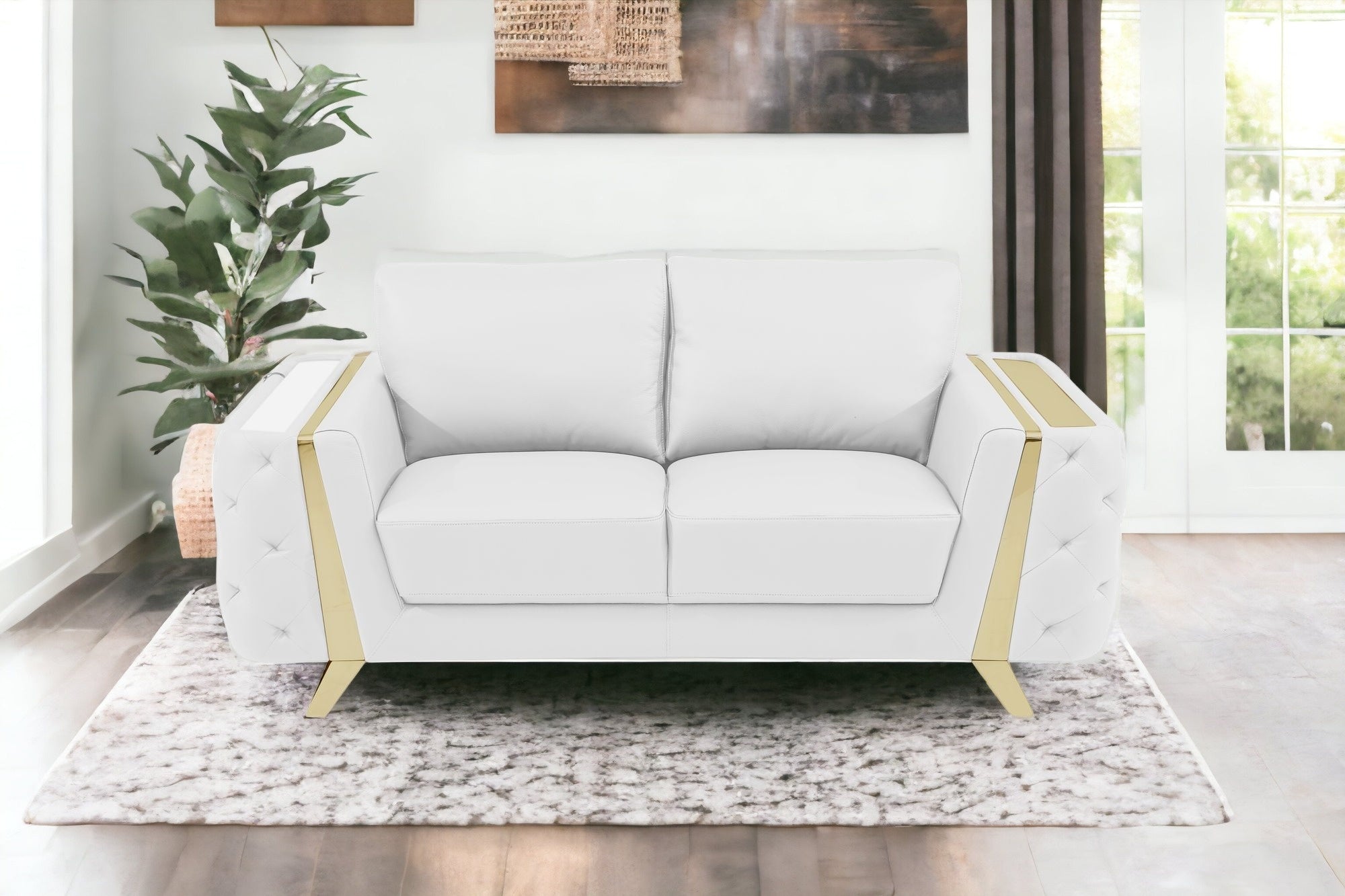 72" White And Gold Genuine Leather Loveseat-1