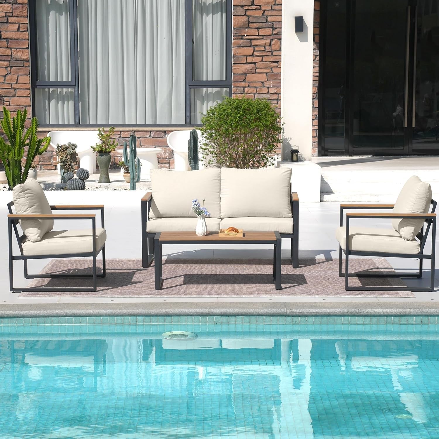 4 Piece Patio Set With Coffee Table Beige Metal Frames And Washable Cushions