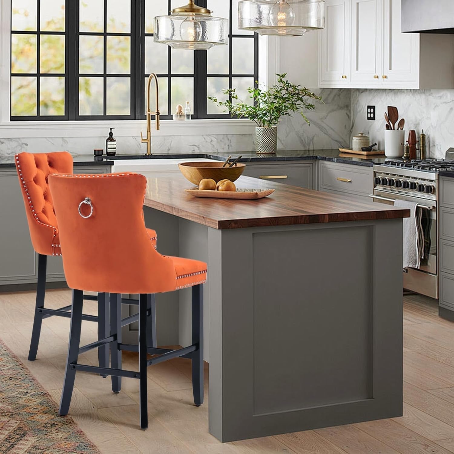 Velvet Upholstered Bar Stools Set Two with Back