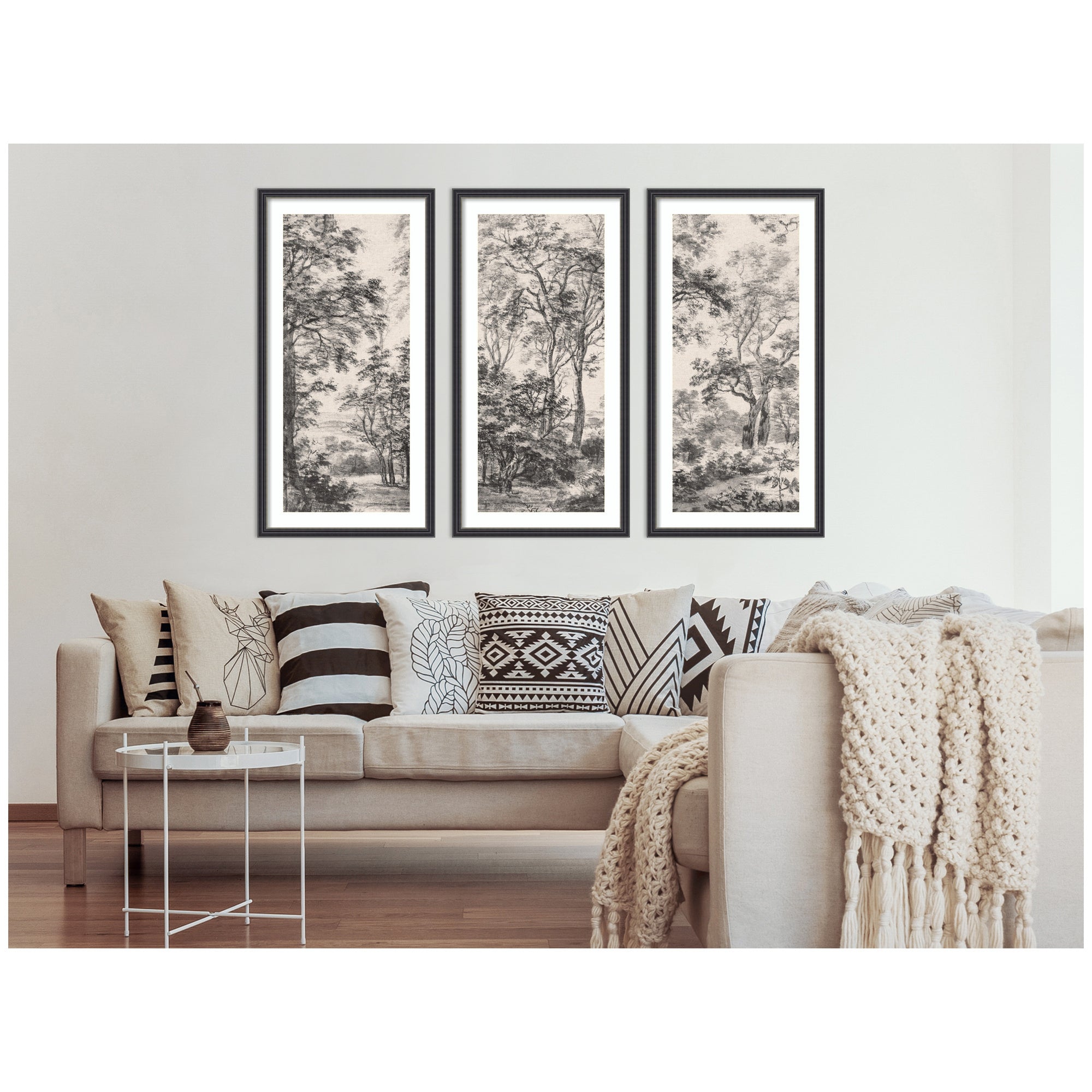 Wooded Landscape after 1648 Antonie Waterloo Linen Panel 3 Piece Framed Wall Art Print Set by Nostalgia Prints