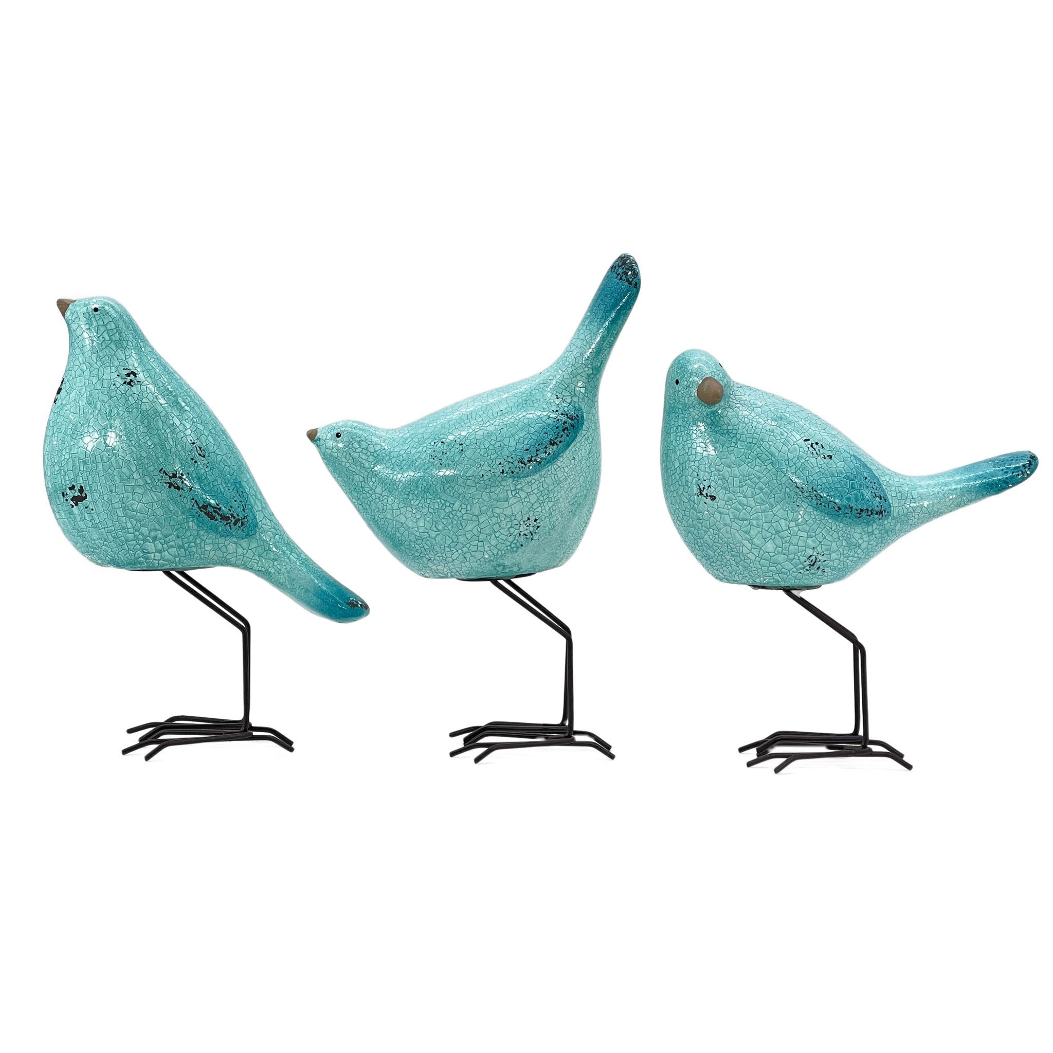 Set of Three Robins Egg Blue Polyresin and Metal Bird Sculptures-0