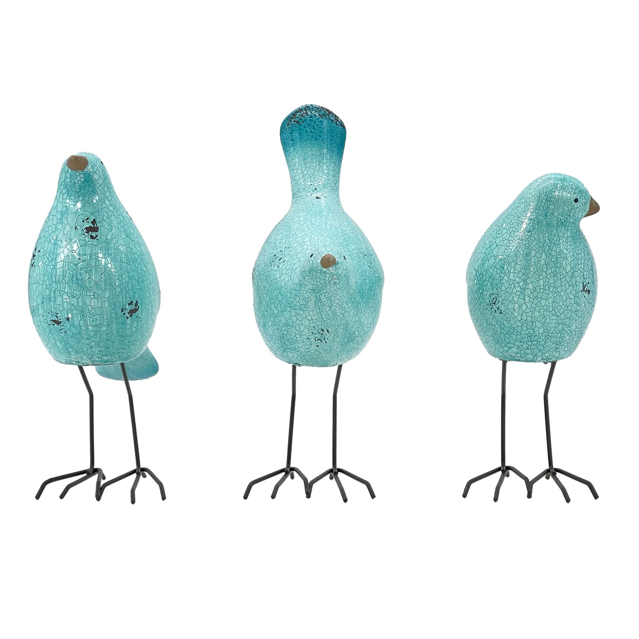 Set of Three Robins Egg Blue Polyresin and Metal Bird Sculptures-1