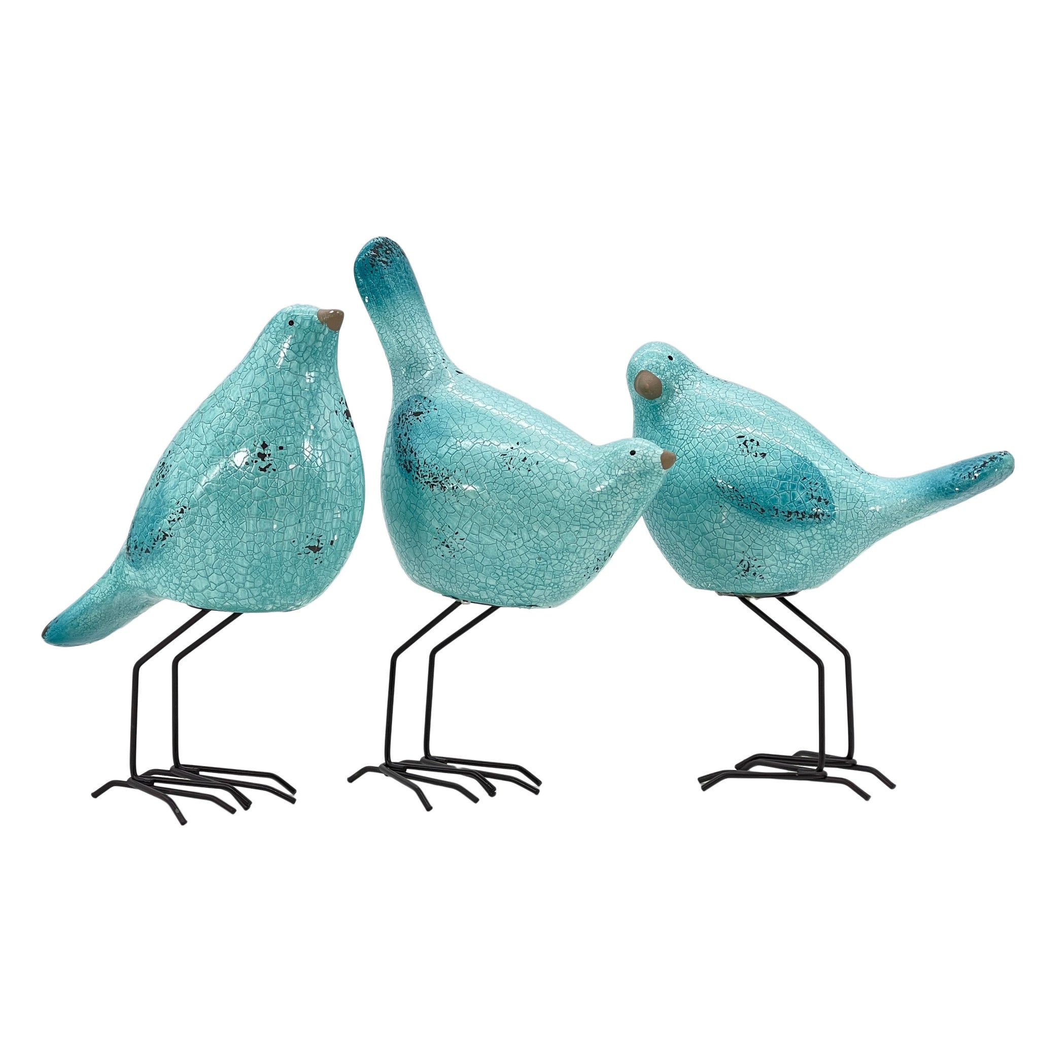 Set of Three Robins Egg Blue Polyresin and Metal Bird Sculptures-2