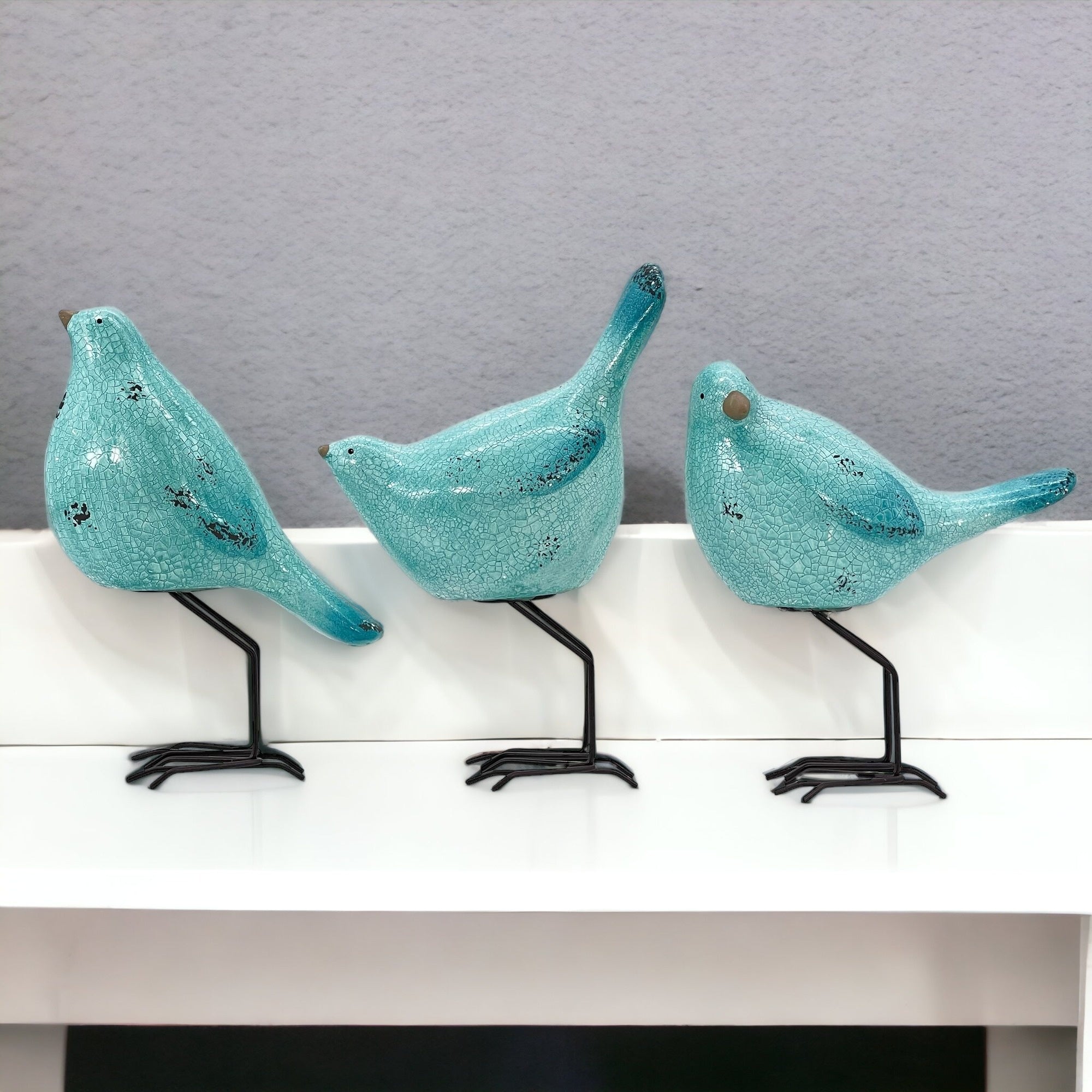 Set of Three Robins Egg Blue Polyresin and Metal Bird Sculptures-3