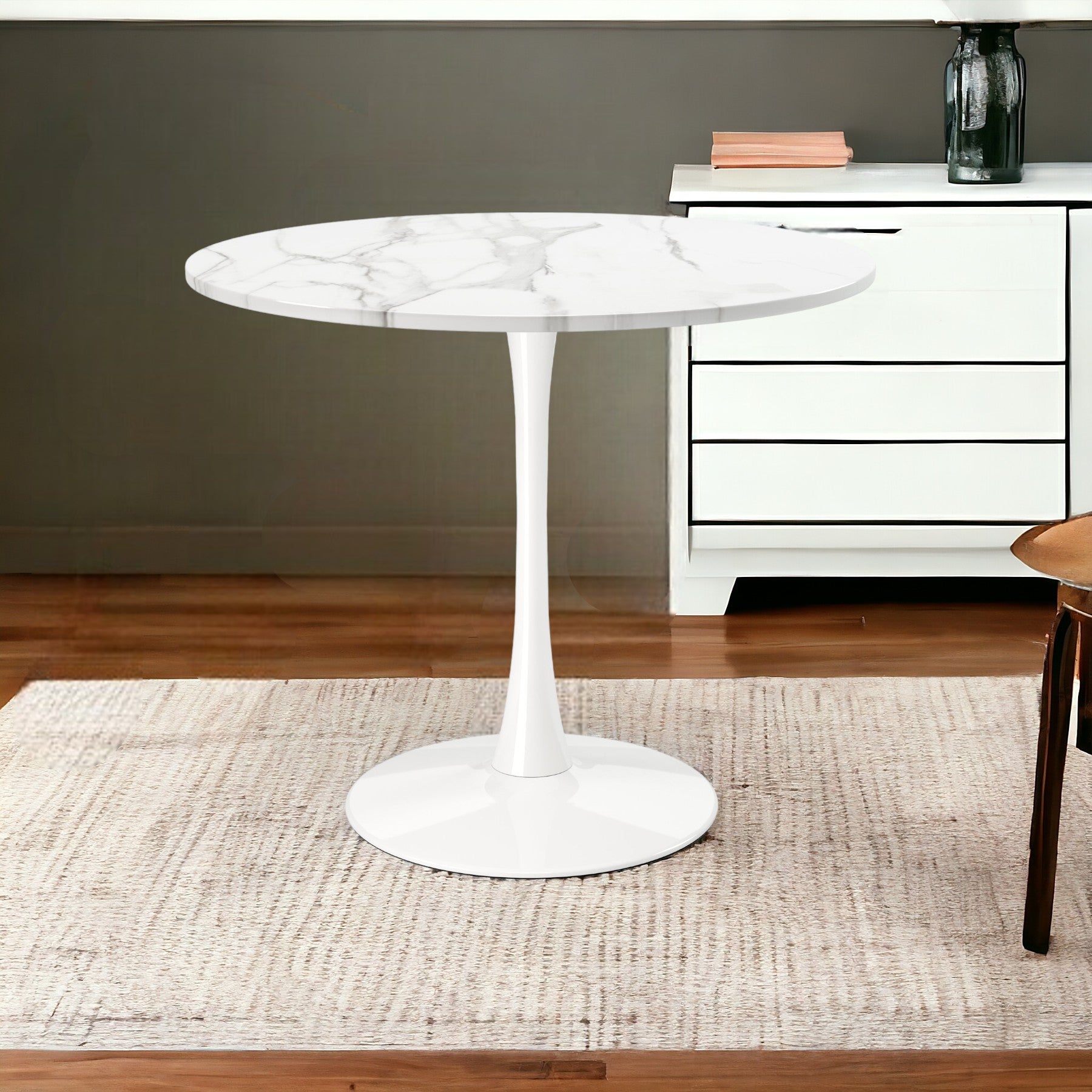 36" White Rounded Metal Pedestal Base Dining Table-1