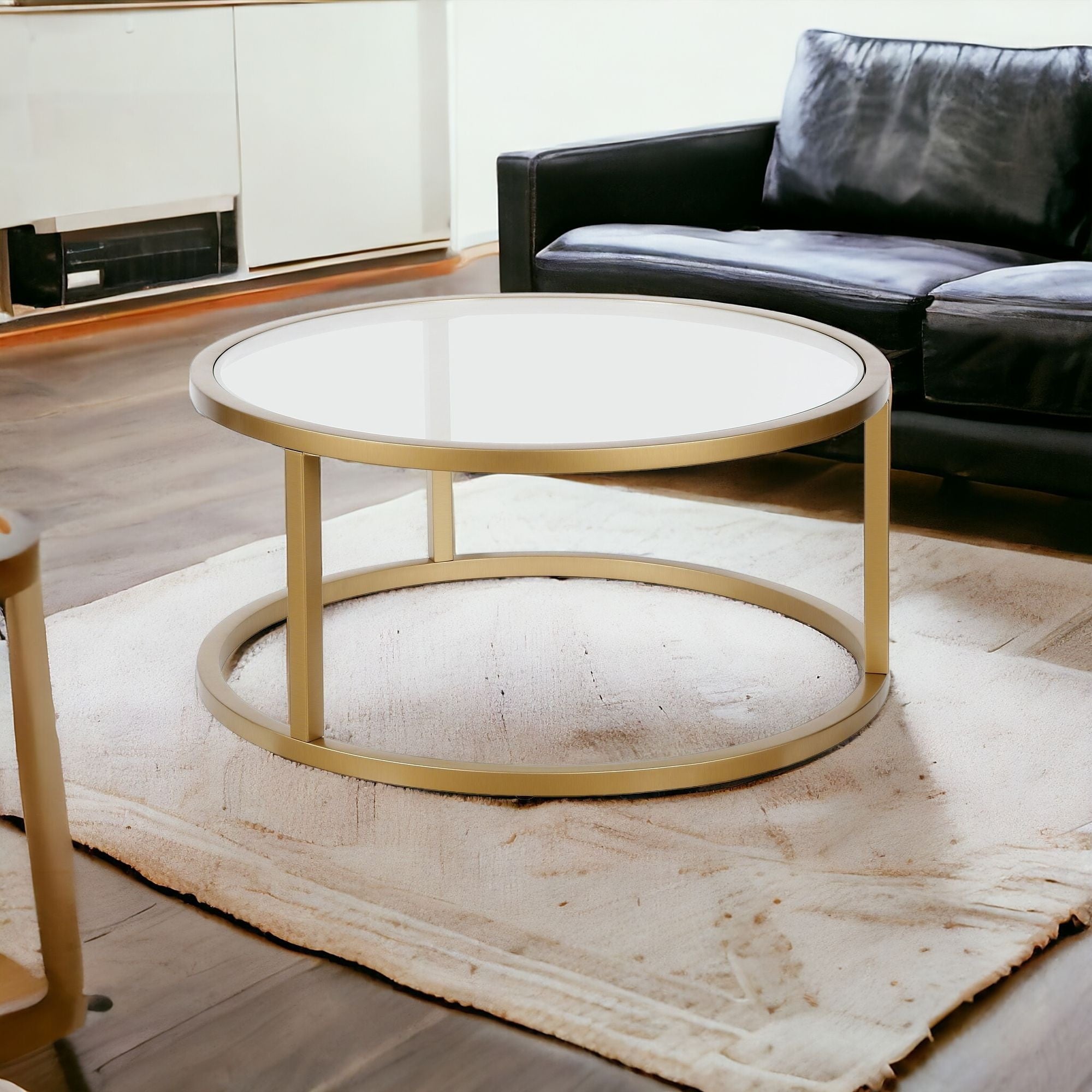 35" Gold Glass And Steel Round Coffee Table-1