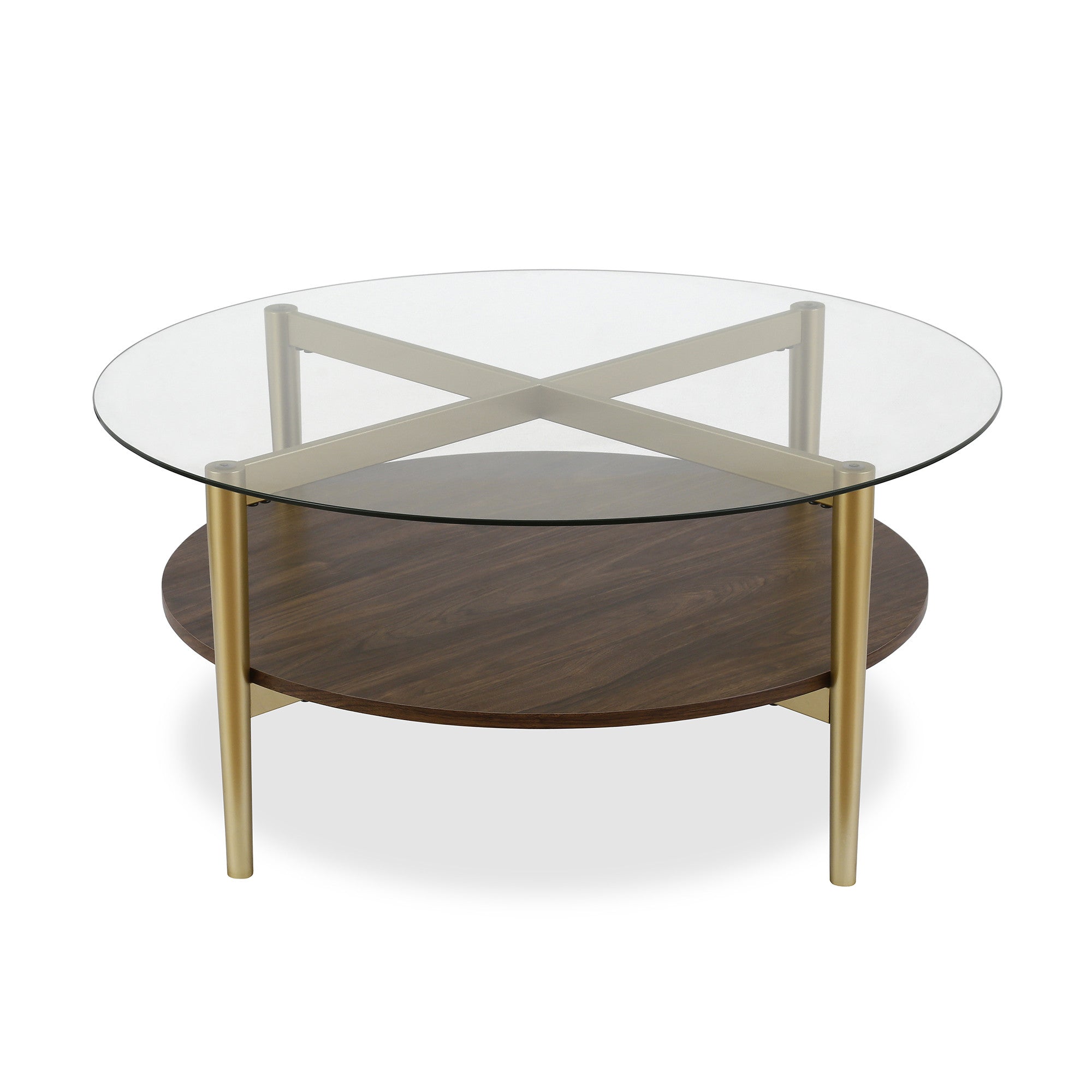 36" Gold Glass And Steel Round Coffee Table With Shelf-0