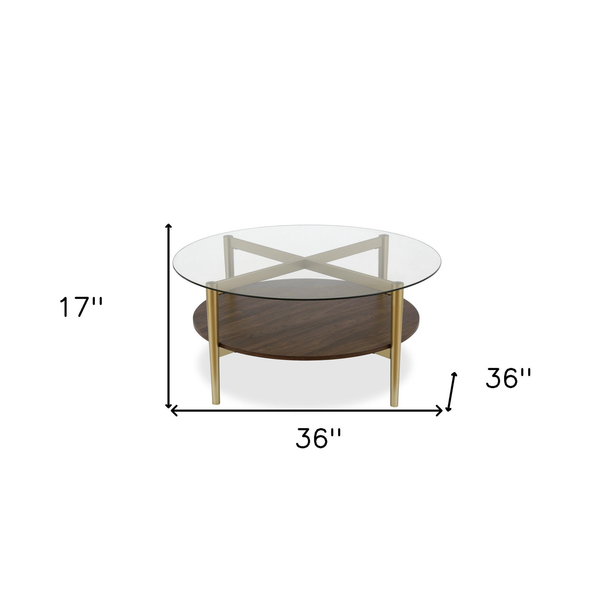 36" Gold Glass And Steel Round Coffee Table With Shelf-7