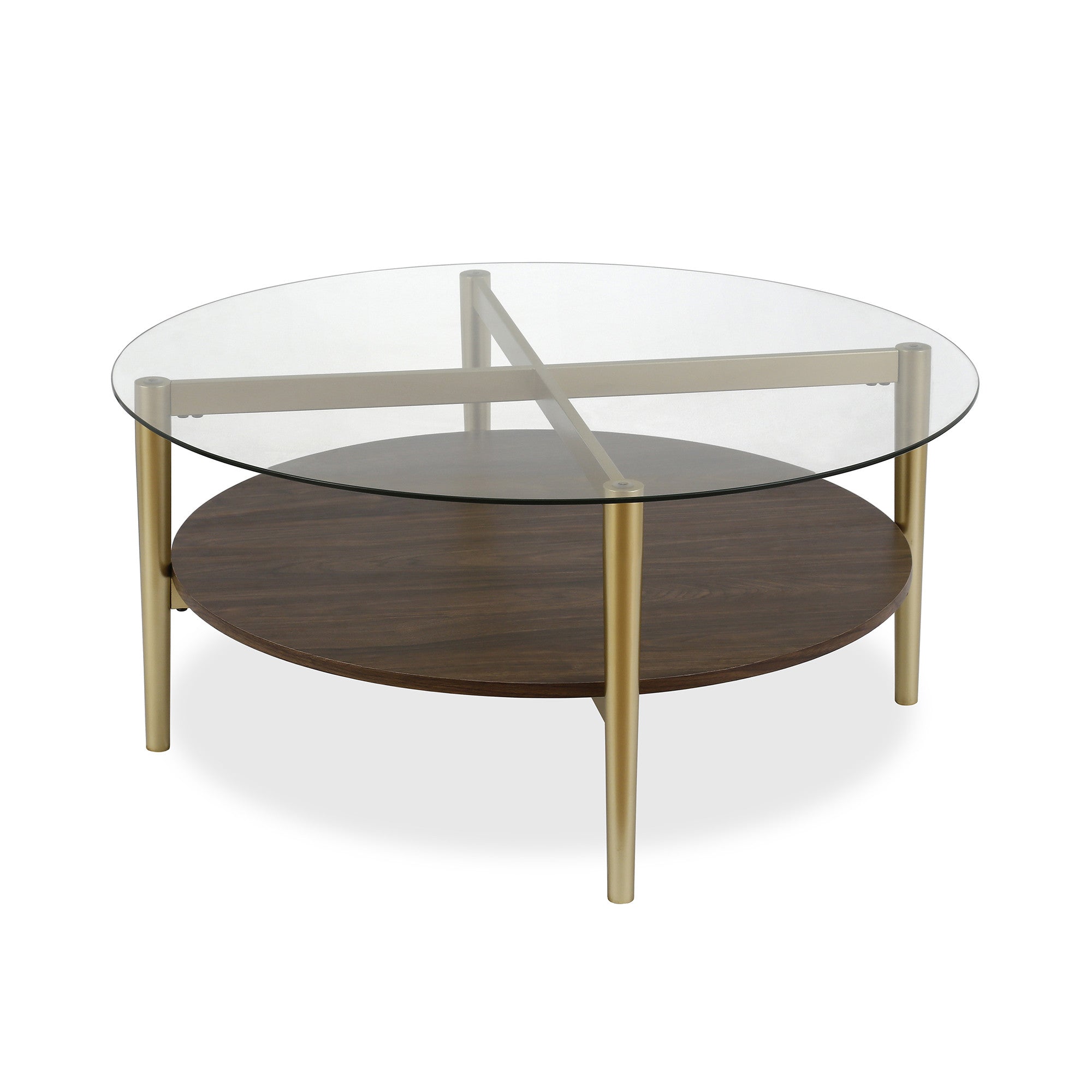 36" Gold Glass And Steel Round Coffee Table With Shelf-2