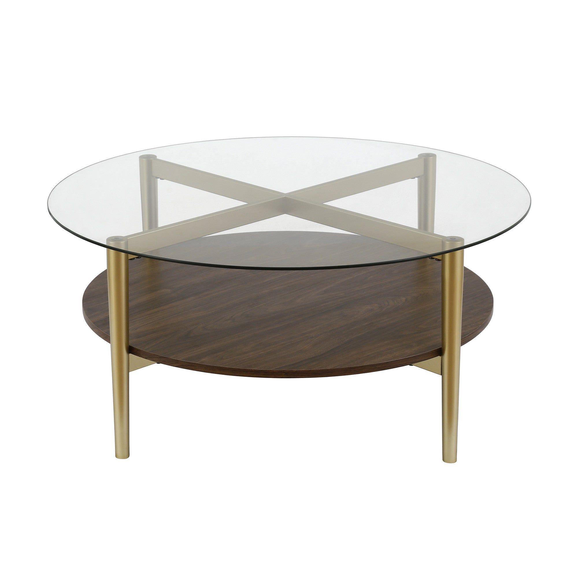 36" Gold Glass And Steel Round Coffee Table With Shelf-3