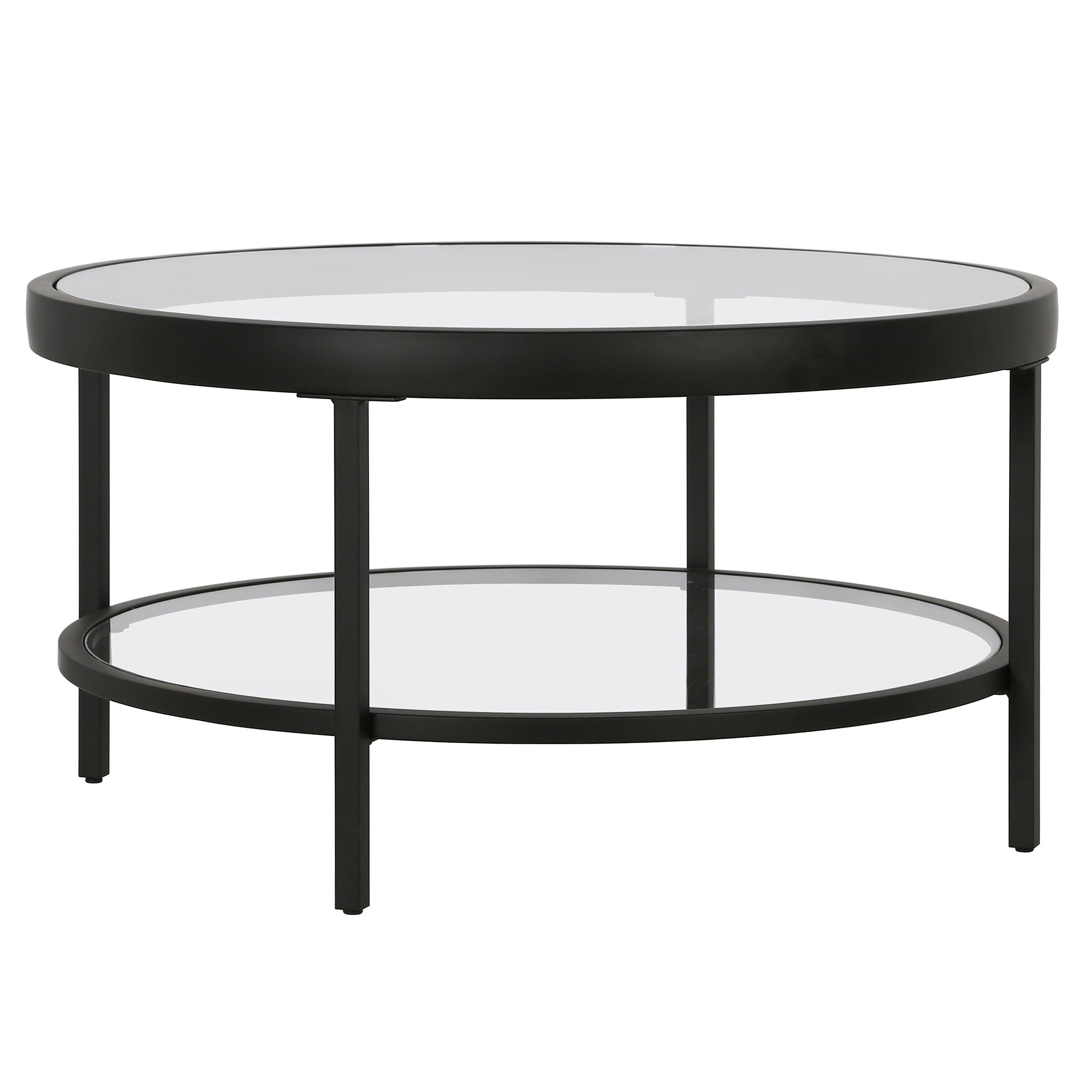 32" Black Glass And Steel Round Coffee Table With Shelf-0