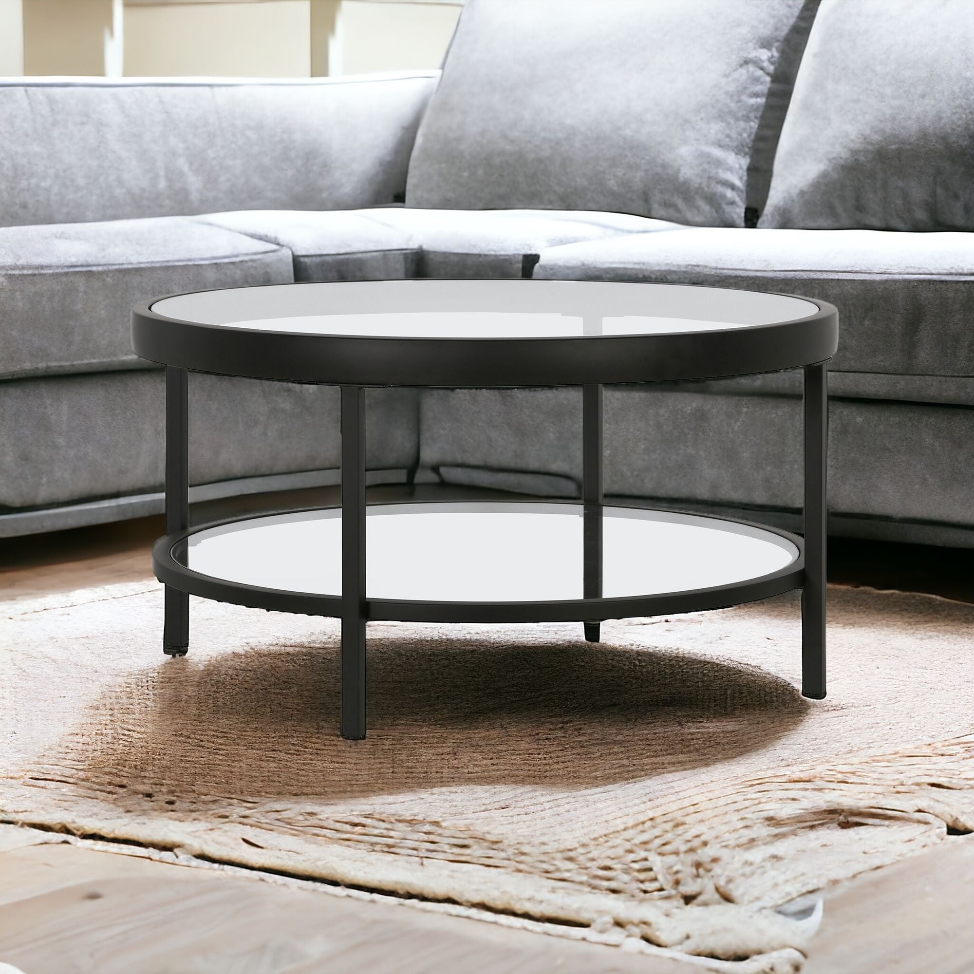 32" Black Glass And Steel Round Coffee Table With Shelf-1