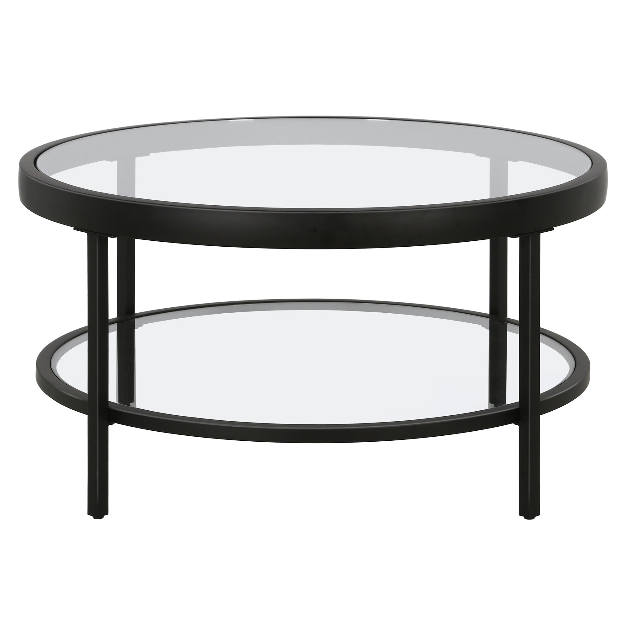 32" Black Glass And Steel Round Coffee Table With Shelf-2