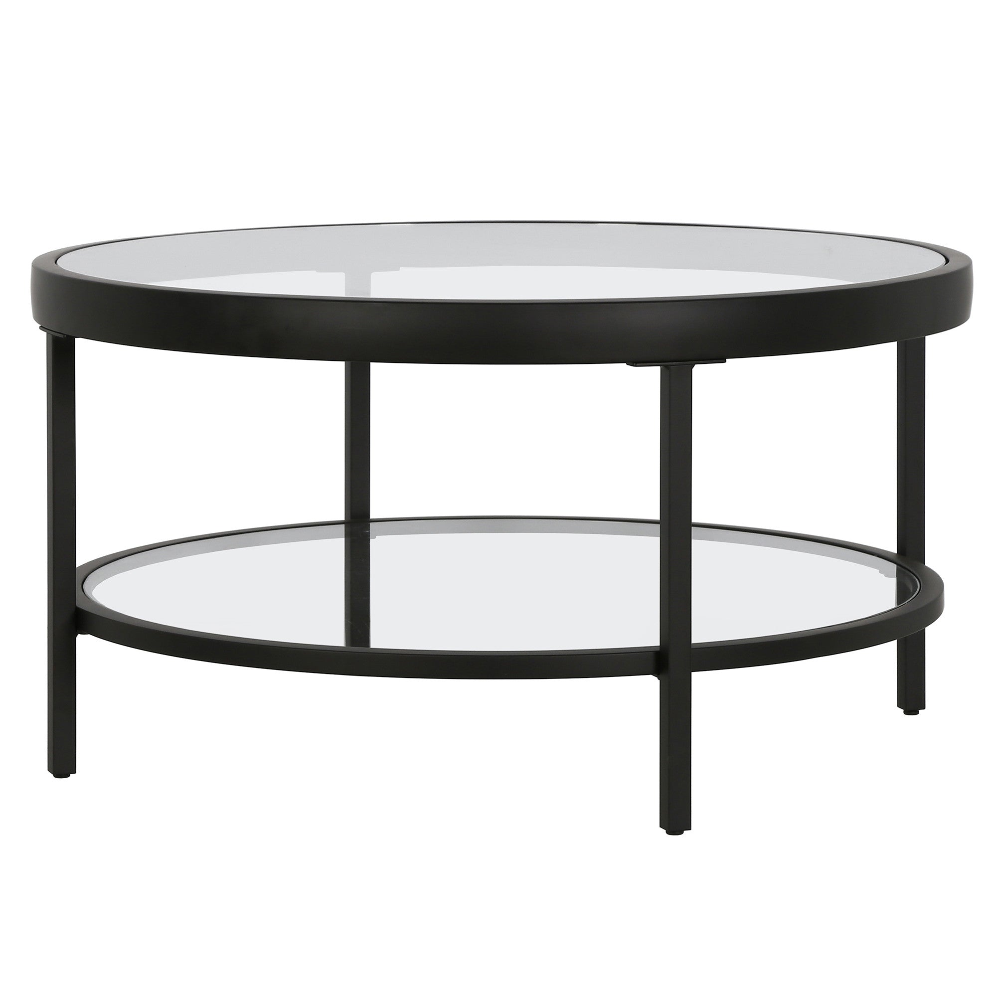 32" Black Glass And Steel Round Coffee Table With Shelf-3