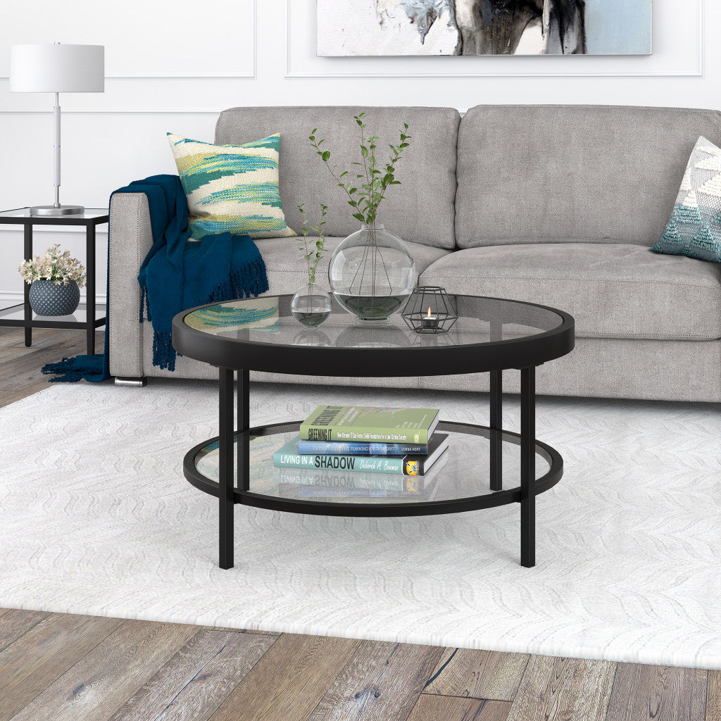 32" Black Glass And Steel Round Coffee Table With Shelf-6