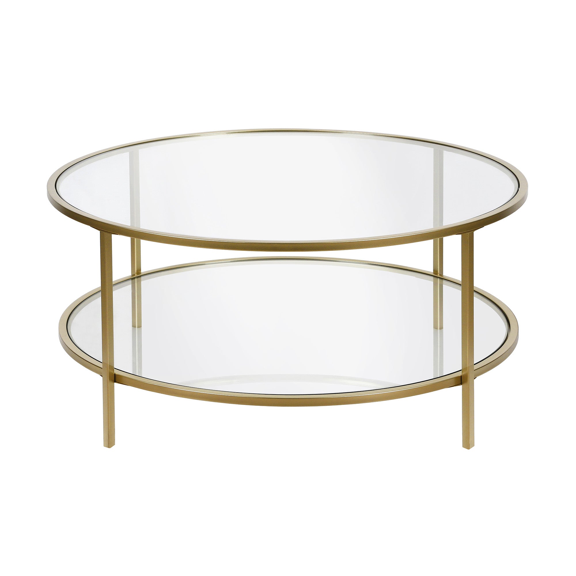 36" Gold Glass And Steel Round Coffee Table With Shelf-0