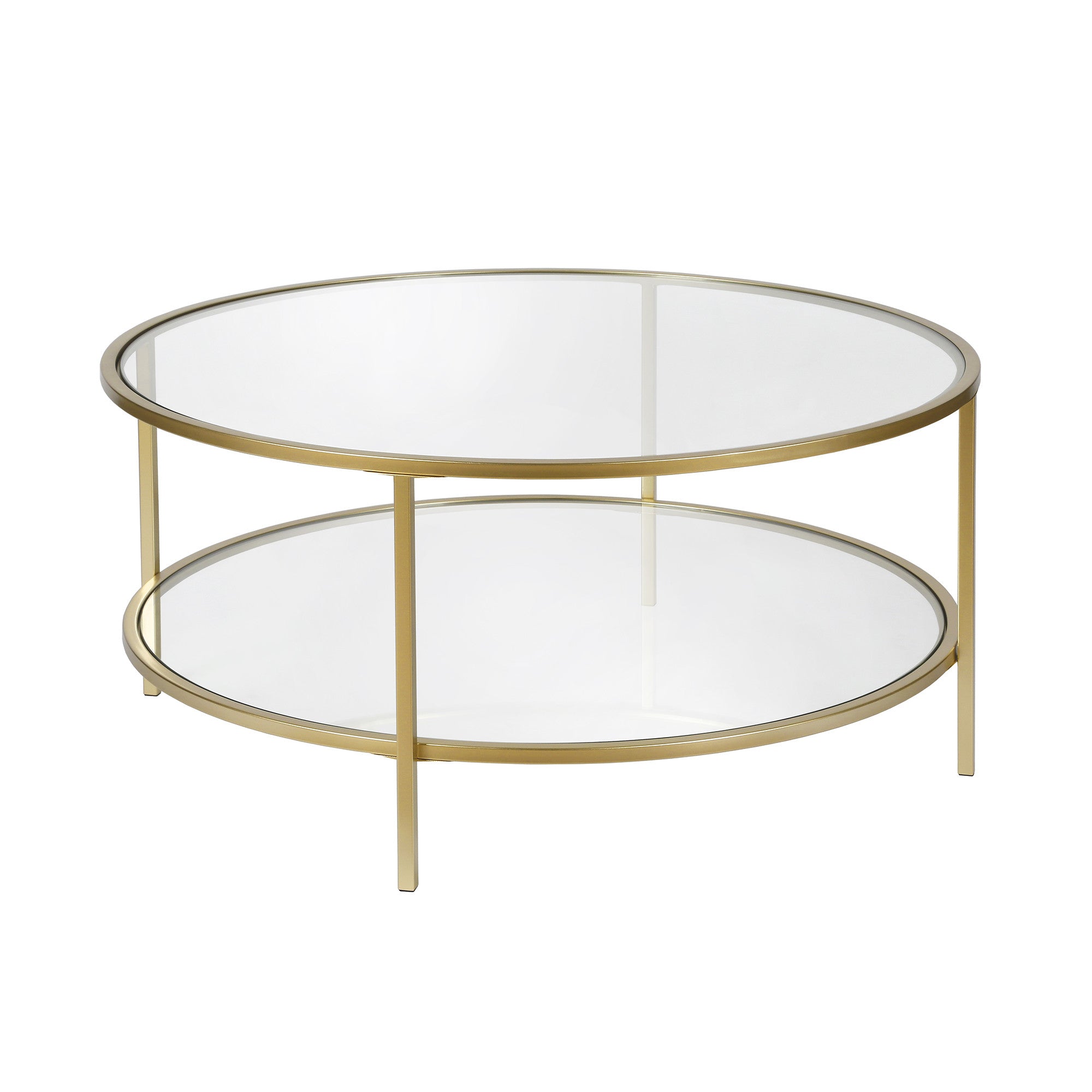 36" Gold Glass And Steel Round Coffee Table With Shelf-2