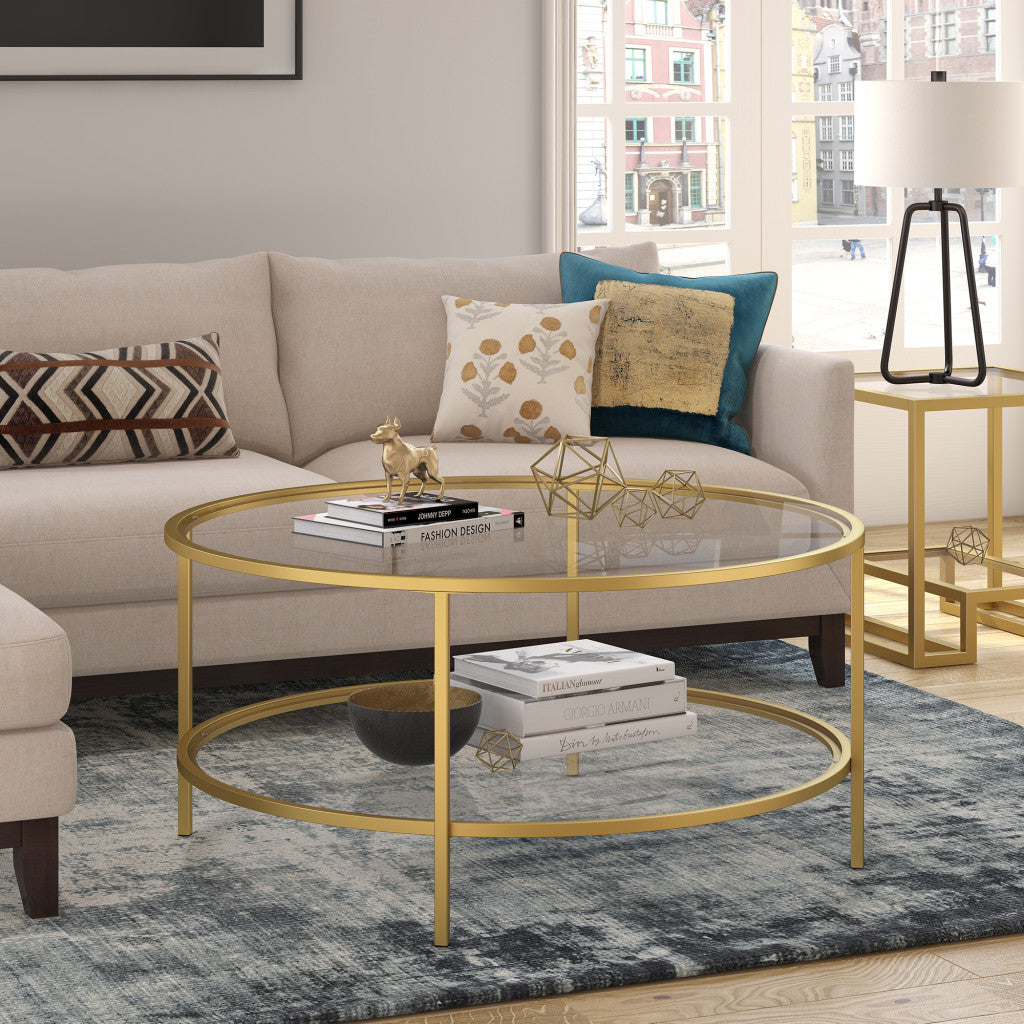 36" Gold Glass And Steel Round Coffee Table With Shelf-4