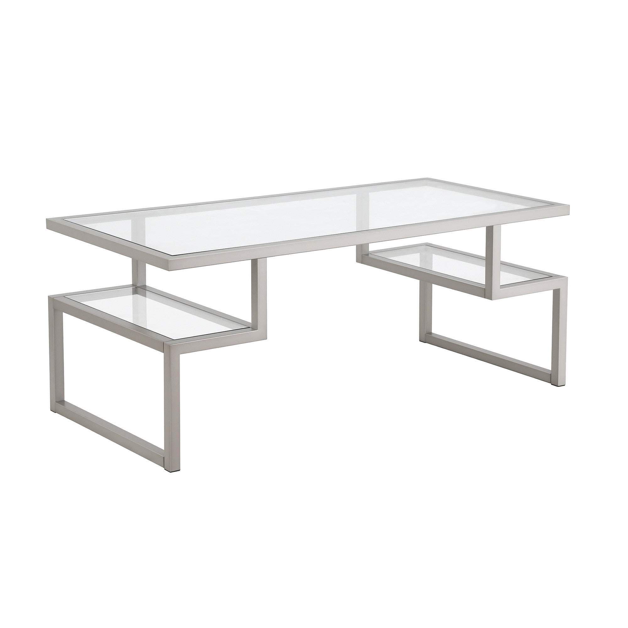 45" Silver Glass And Steel Coffee Table With Two Shelves-0