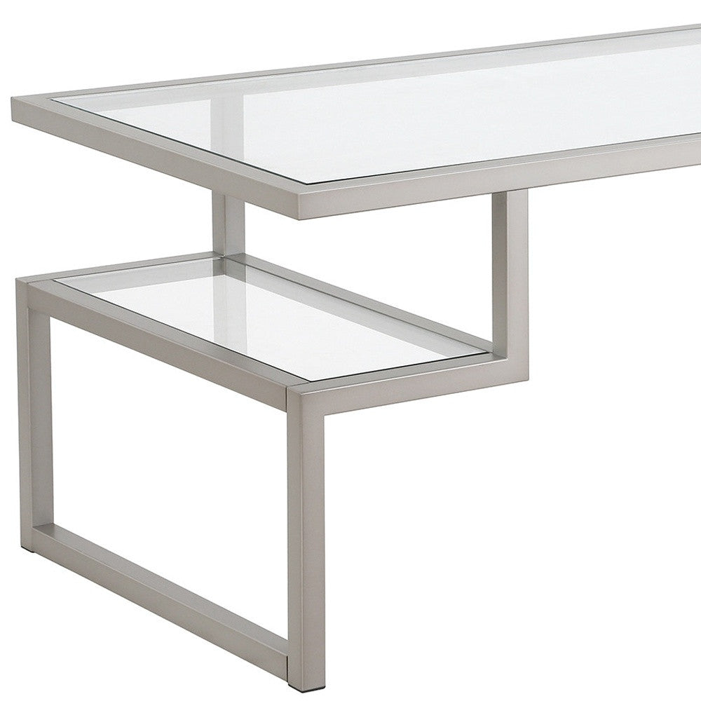 45" Silver Glass And Steel Coffee Table With Two Shelves-5