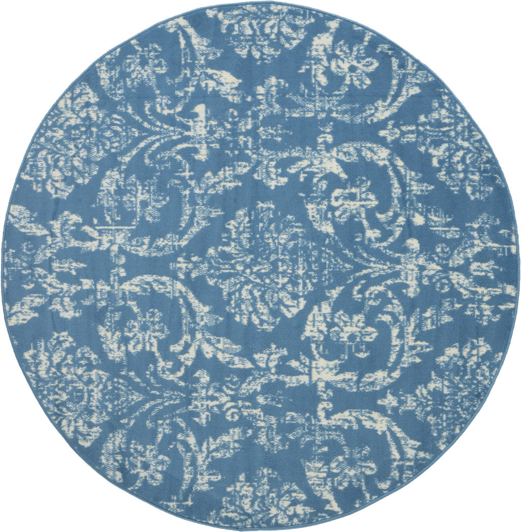 5' Blue Round Damask Power Loom Area Rug-0