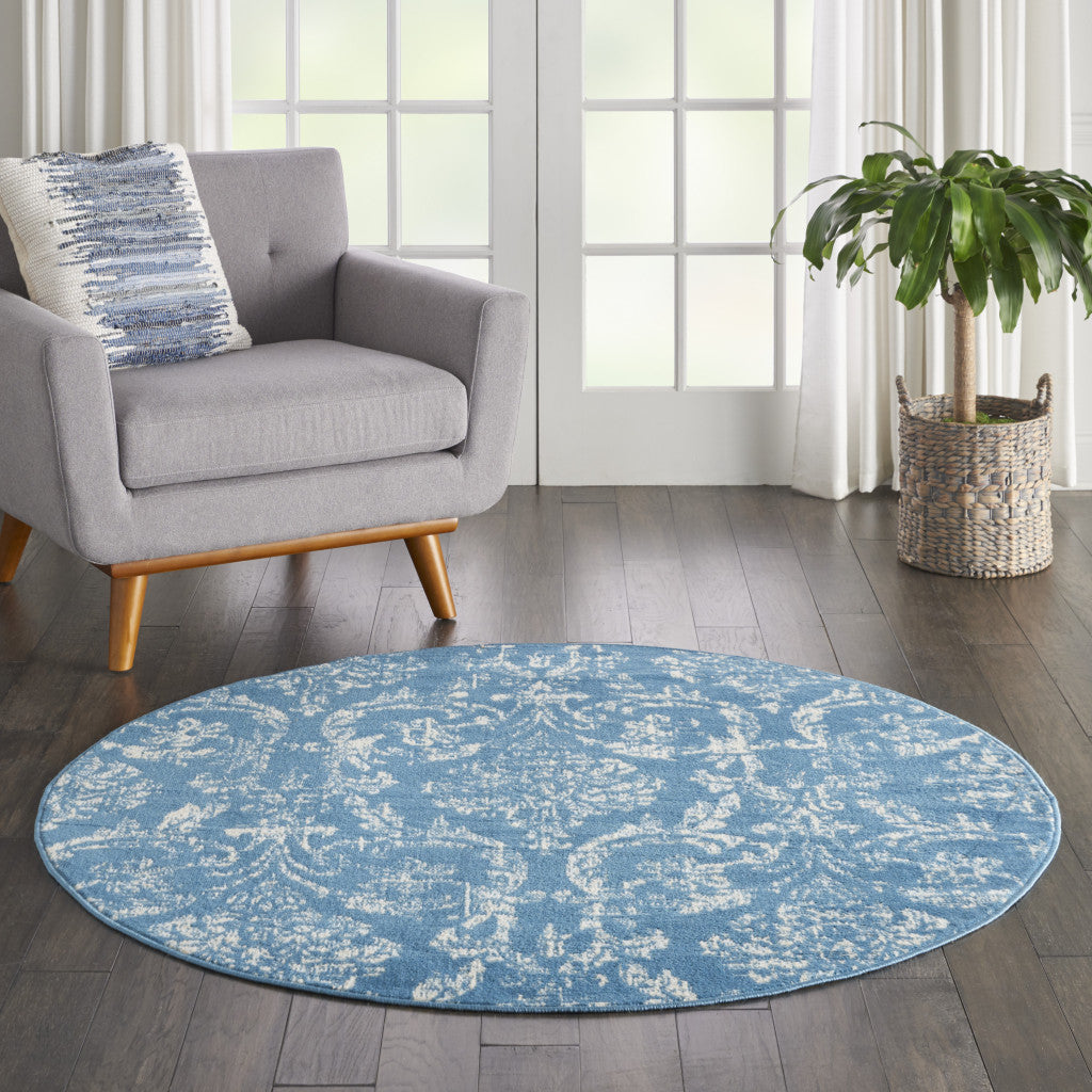 5' Blue Round Damask Power Loom Area Rug-2