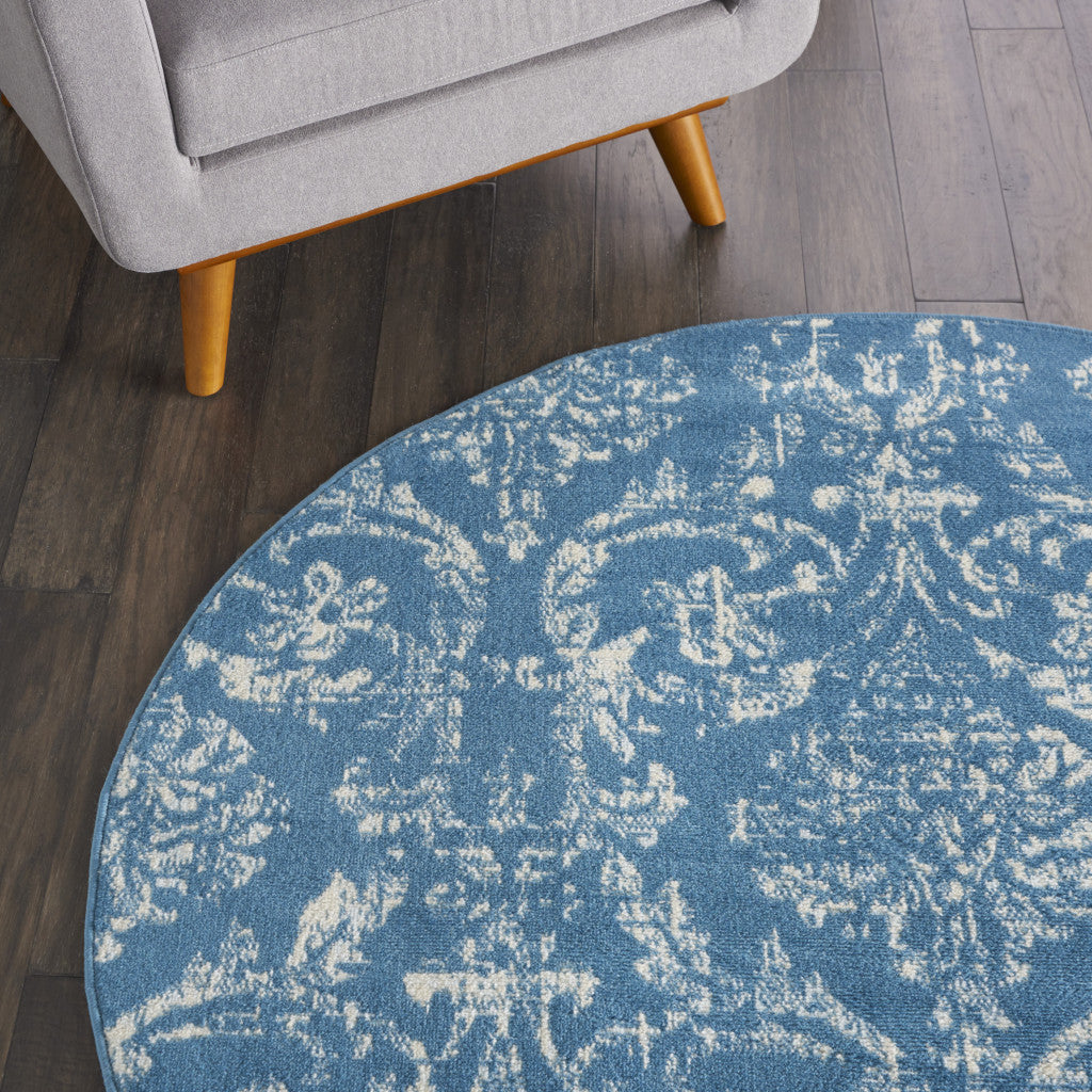 5' Blue Round Damask Power Loom Area Rug-3