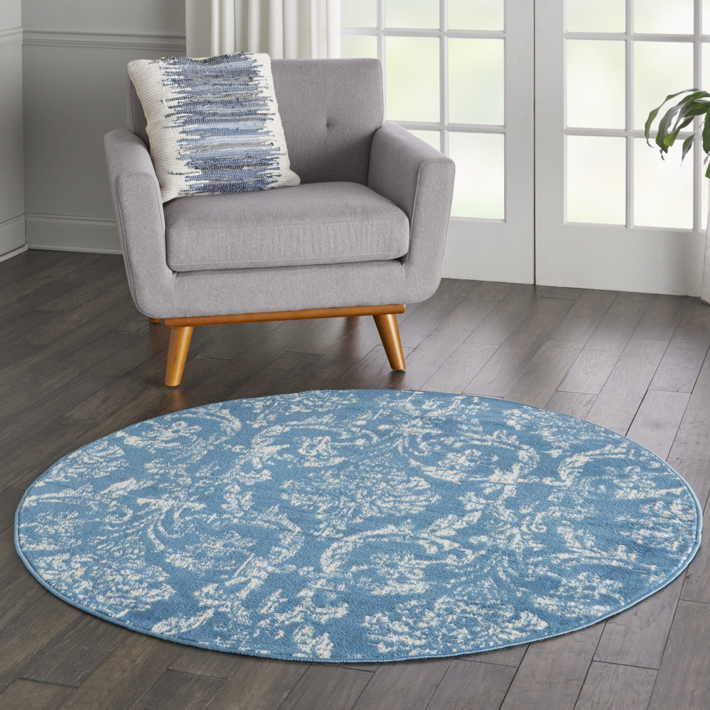 5' Blue Round Damask Power Loom Area Rug-4