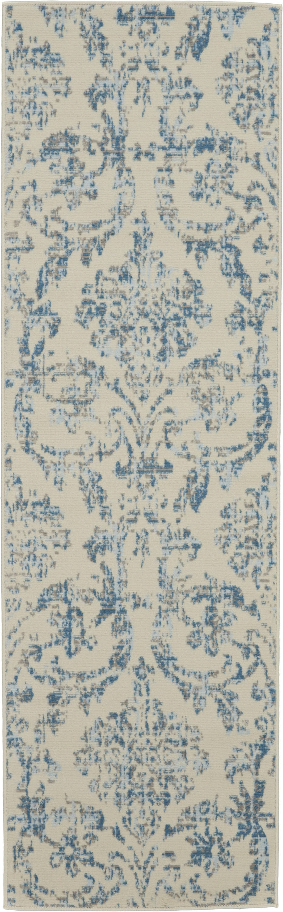 7' Cream Damask Power Loom Runner Rug-0