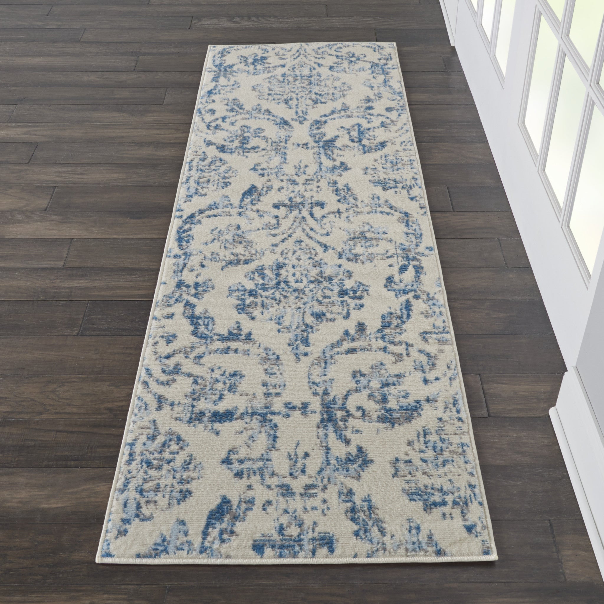 7' Cream Damask Power Loom Runner Rug-3