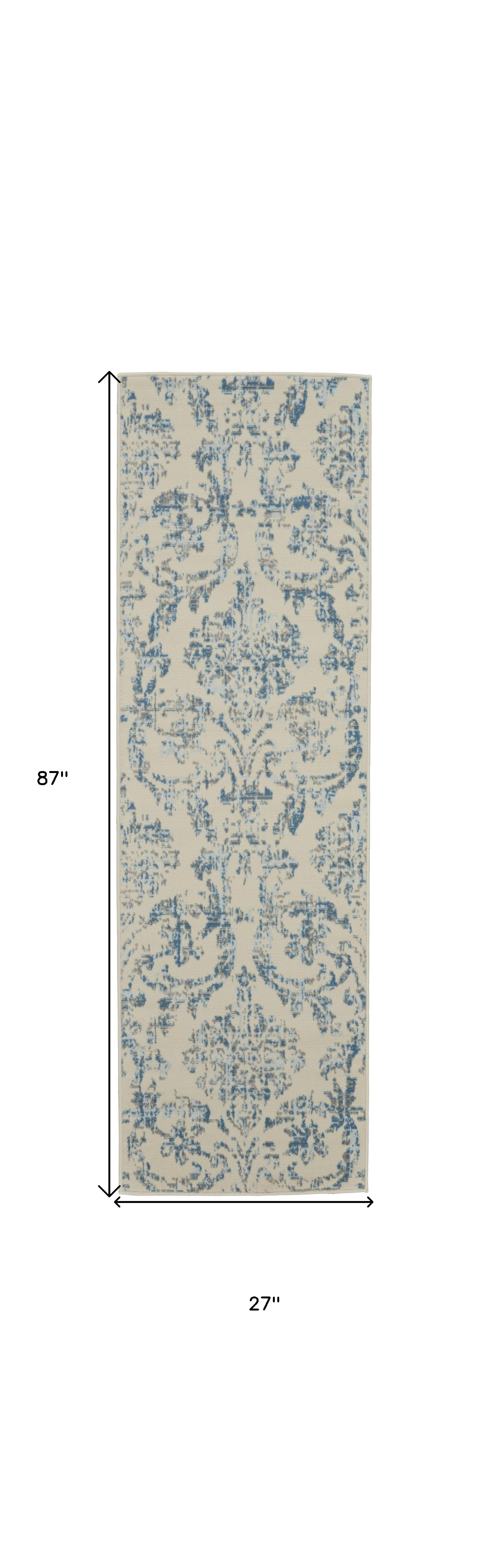 7' Cream Damask Power Loom Runner Rug-4